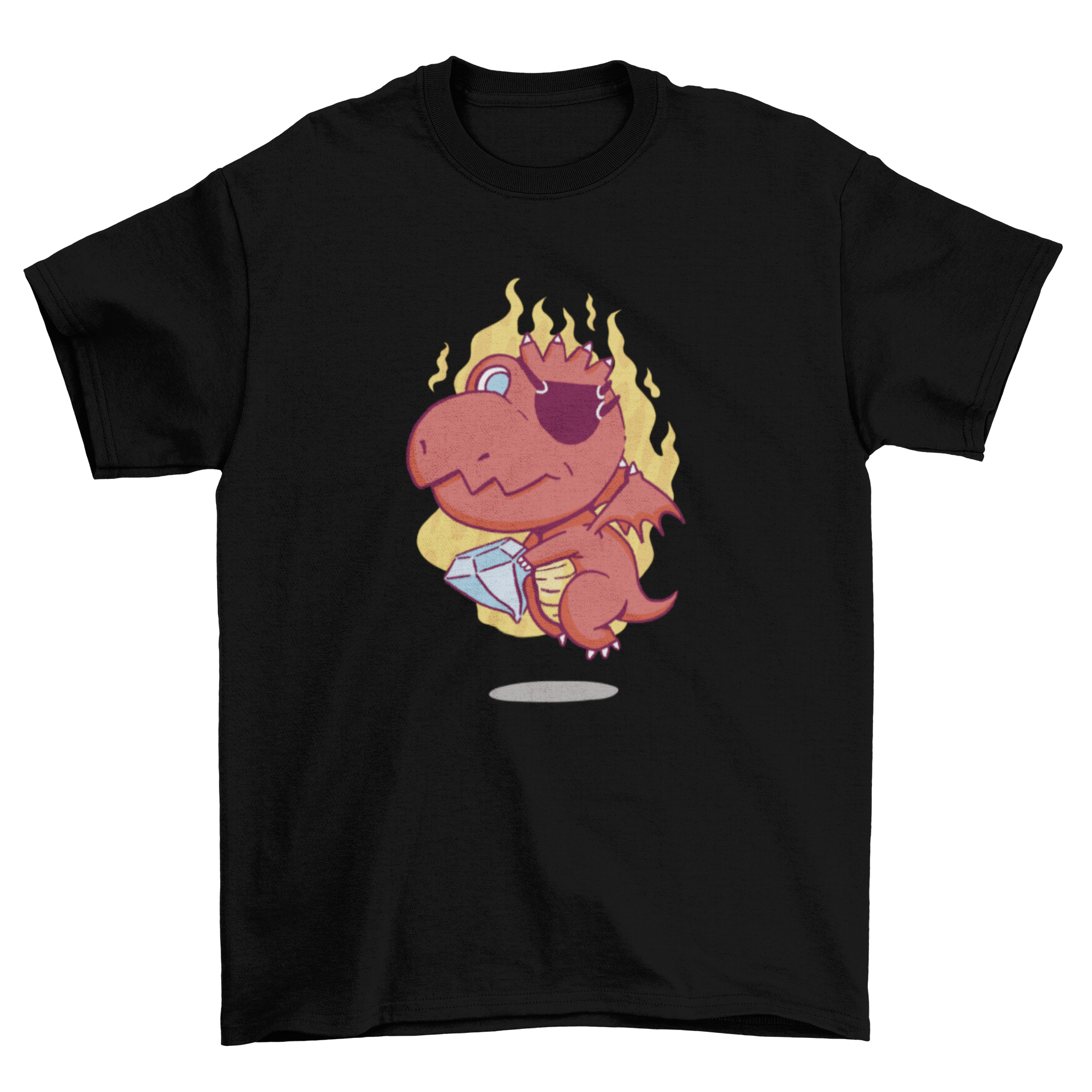 A vibrant t-shirt design featuring a cute cartoon pirate dragon on fire, holding a sparkling diamond, perfect for dragon lovers.