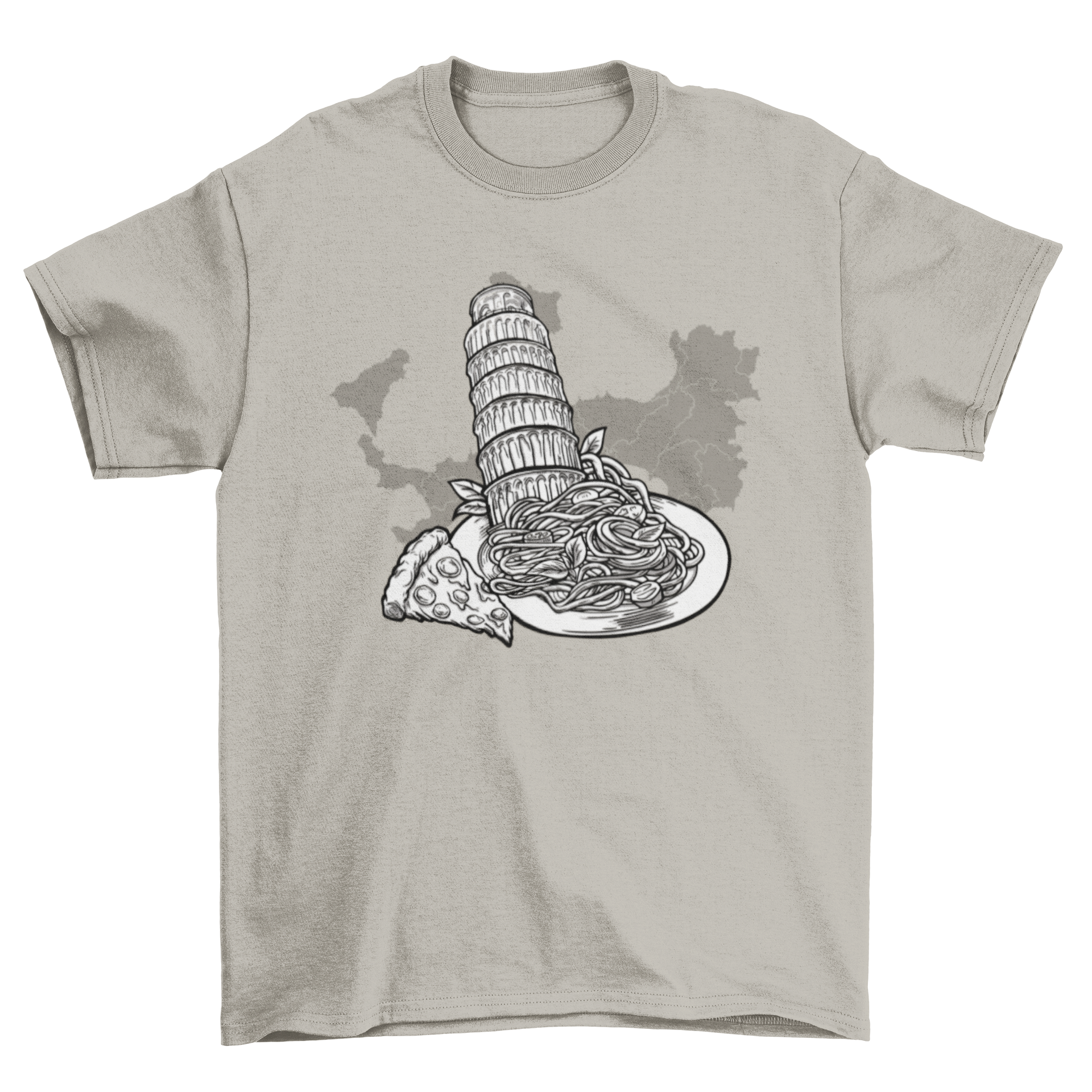Pisa Tower and Food T-shirt featuring the Leaning Tower of Pisa with pizza and spaghetti graphics.
