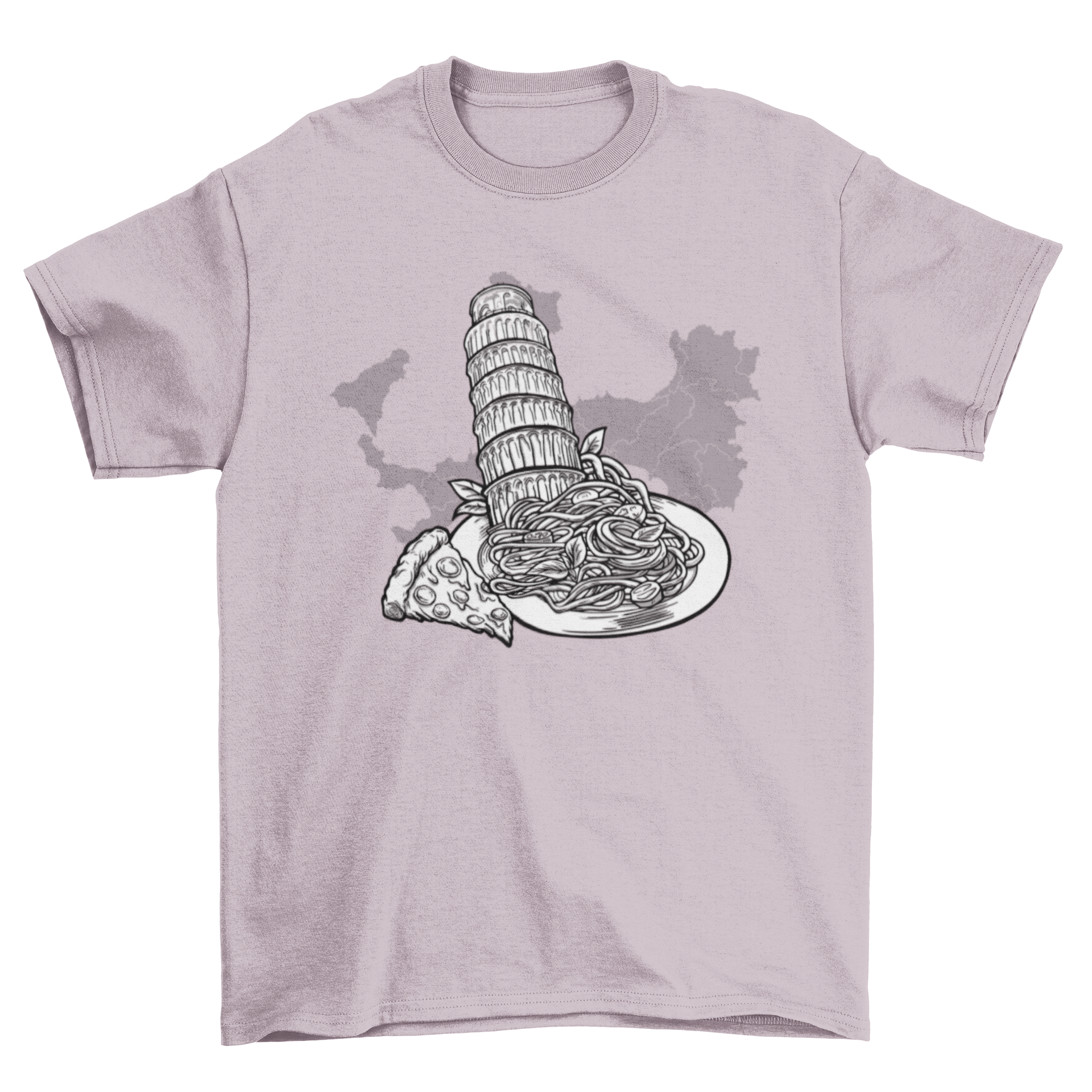 Pisa Tower and Food T-shirt featuring the Leaning Tower of Pisa with pizza and spaghetti graphics.