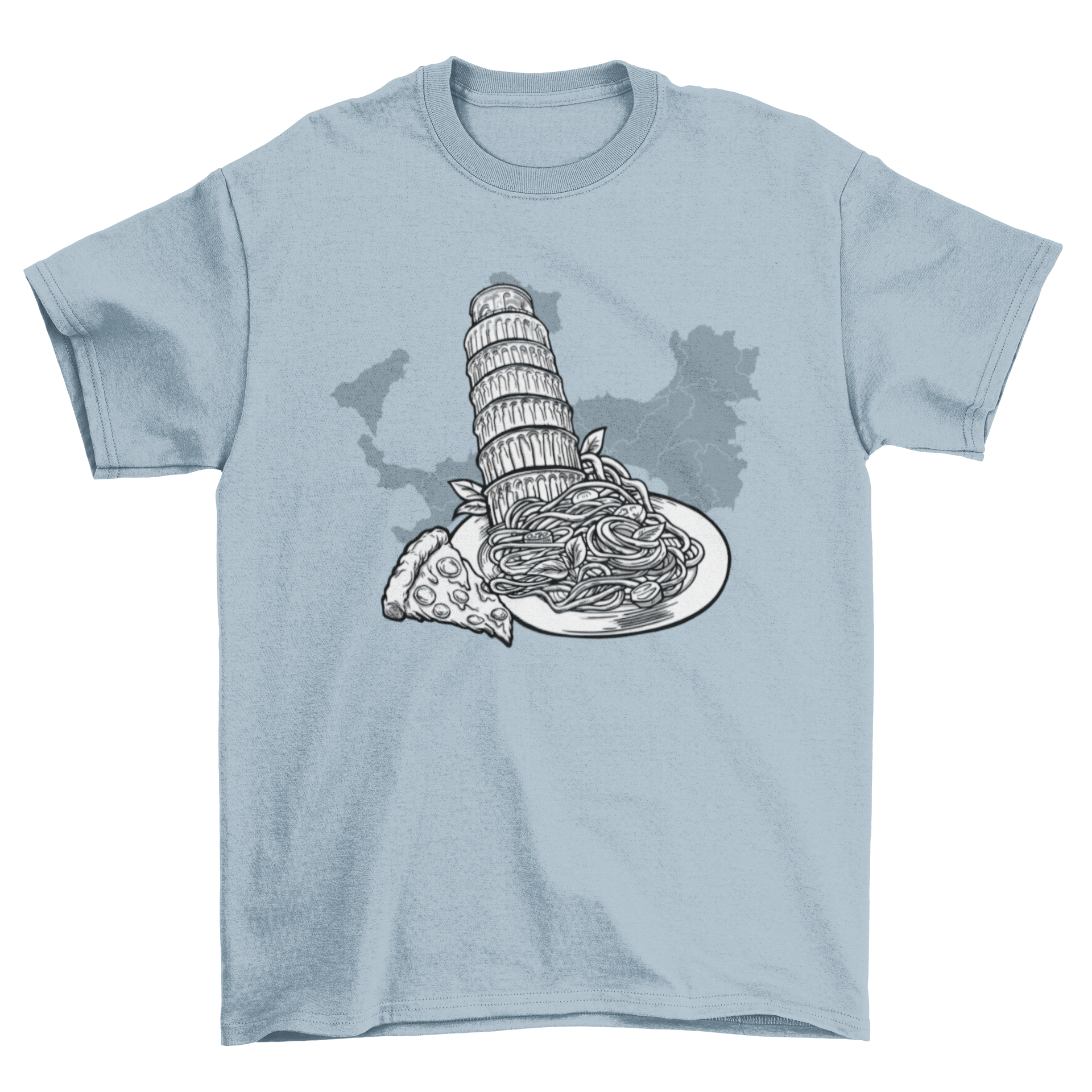 Pisa Tower and Food T-shirt featuring the Leaning Tower of Pisa with pizza and spaghetti graphics.