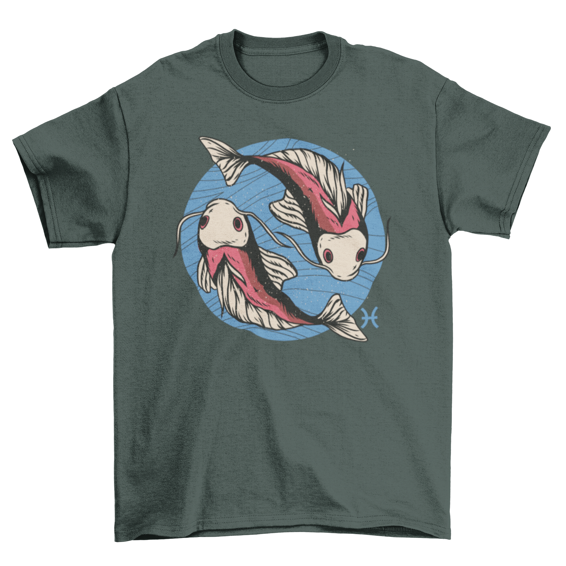 Pisces Zodiac T-shirt featuring an illustration of the Pisces sign on a blue circular background.