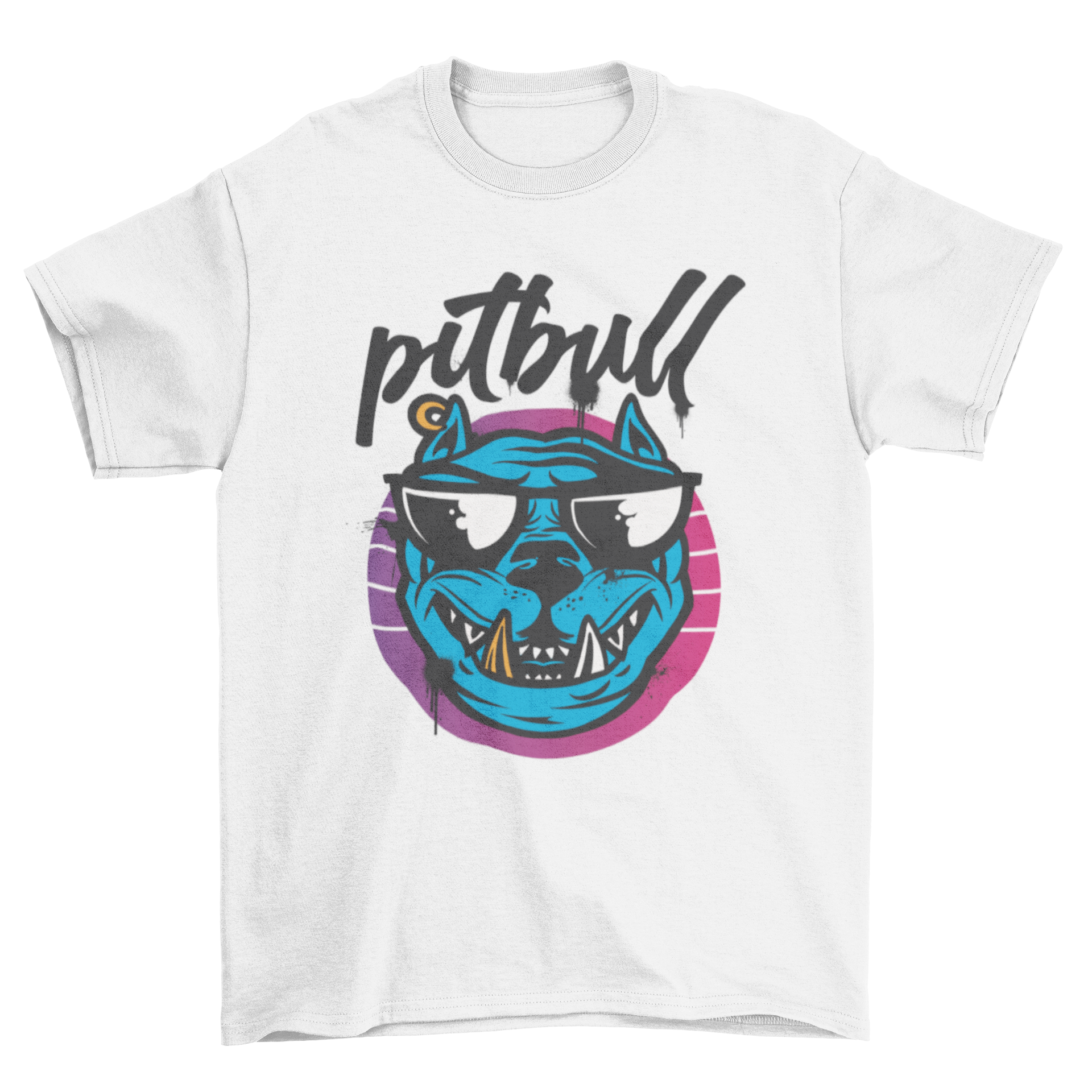Cartoon t-shirt featuring a Pitbull dog wearing sunglasses with the word 'Pitbull' above it.