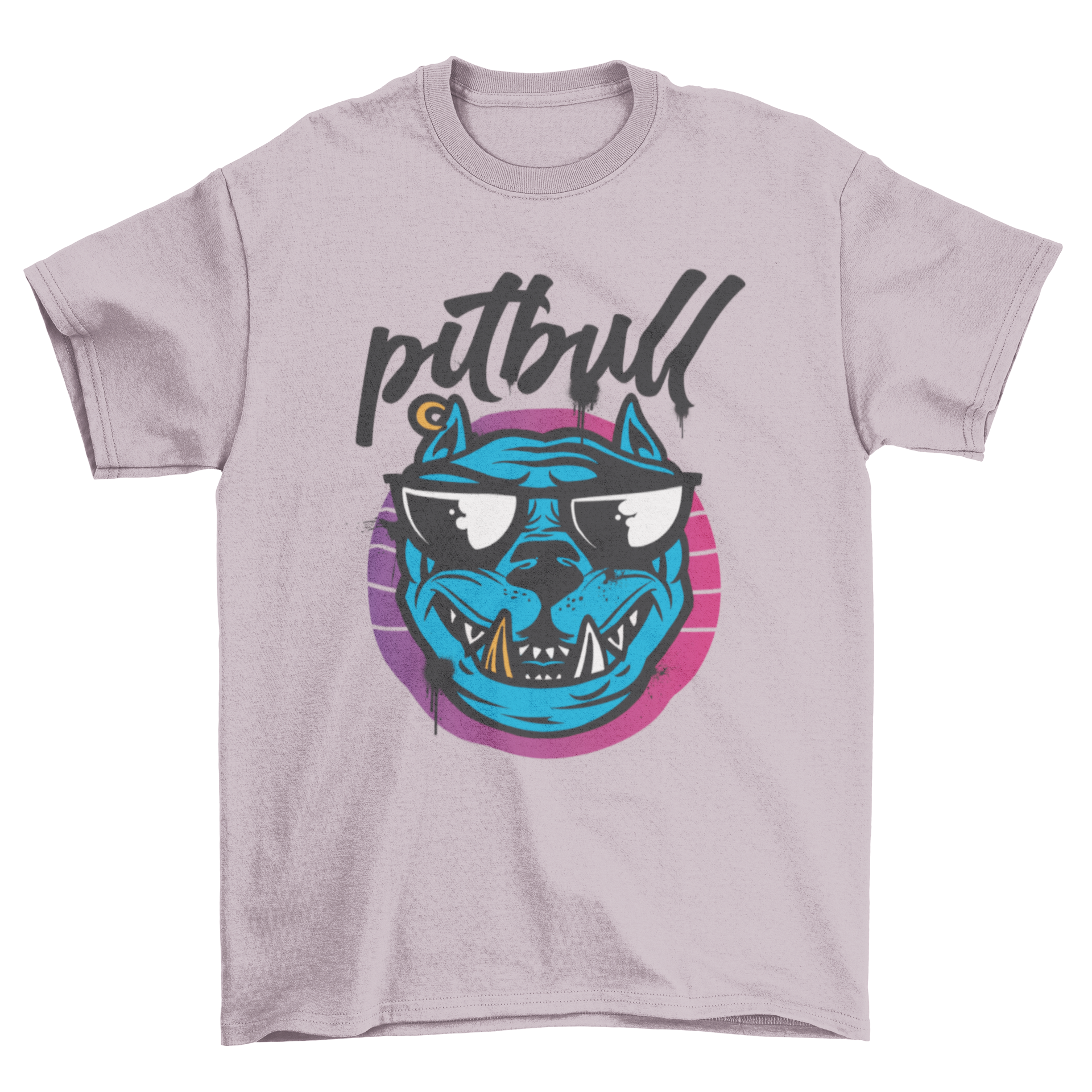 Cartoon t-shirt featuring a Pitbull dog wearing sunglasses with the word 'Pitbull' above it.