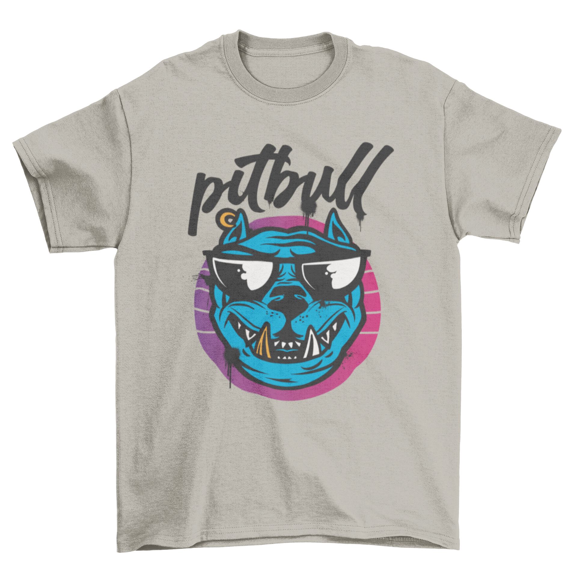 Cartoon t-shirt featuring a Pitbull dog wearing sunglasses with the word 'Pitbull' above it.