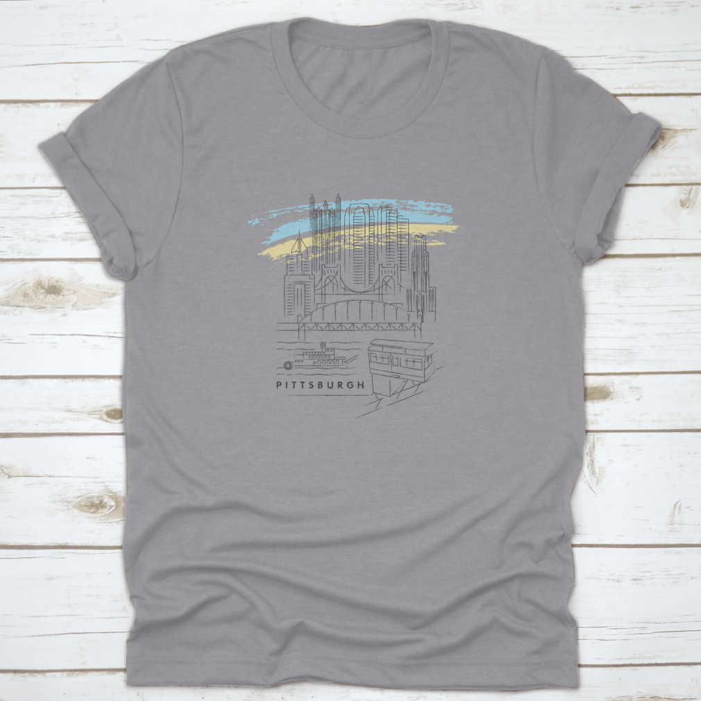 Pittsburgh Vector Illustration Shirt featuring typography design, made from 100% cotton, displayed on a neutral background.