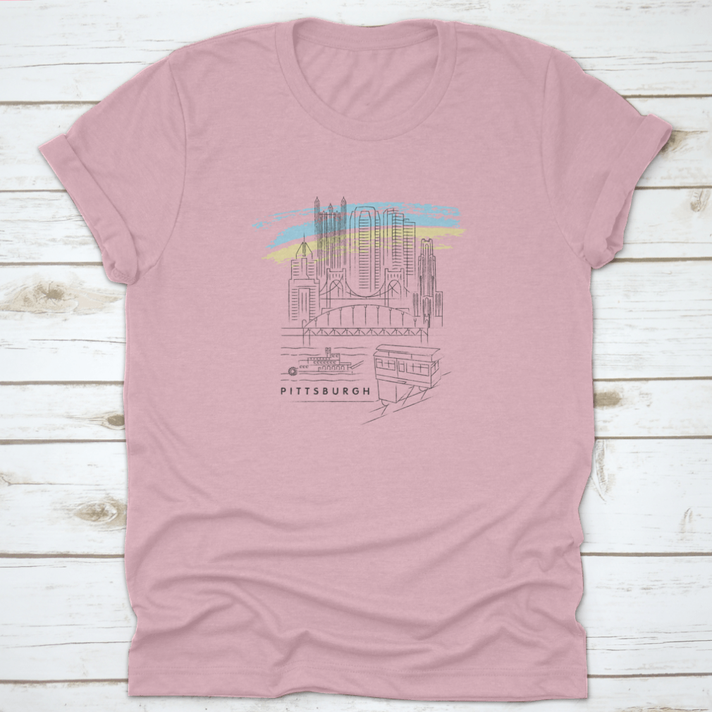Pittsburgh Vector Illustration Shirt featuring typography design, made from 100% cotton, displayed on a neutral background.