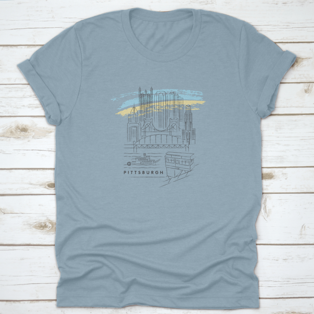 Pittsburgh Vector Illustration Shirt featuring typography design, made from 100% cotton, displayed on a neutral background.