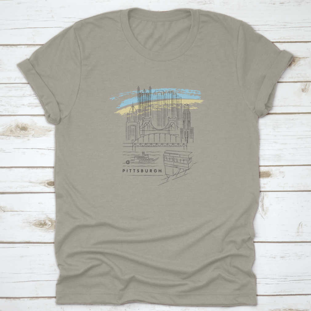 Pittsburgh Vector Illustration Shirt featuring typography design, made from 100% cotton, displayed on a neutral background.