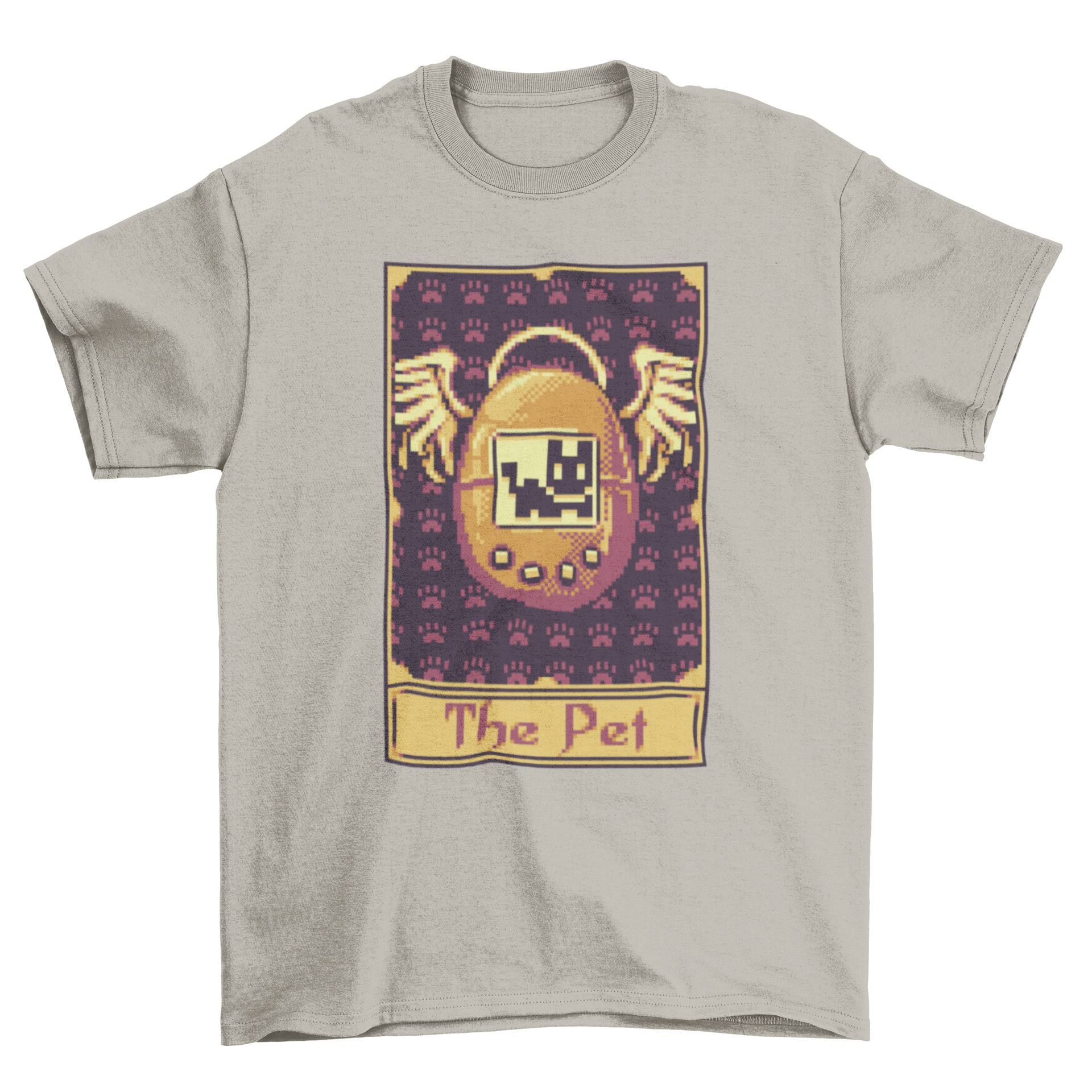 A stylish t-shirt featuring a pixel art tarot card design with retro gaming elements, perfect for gamers and tarot enthusiasts.