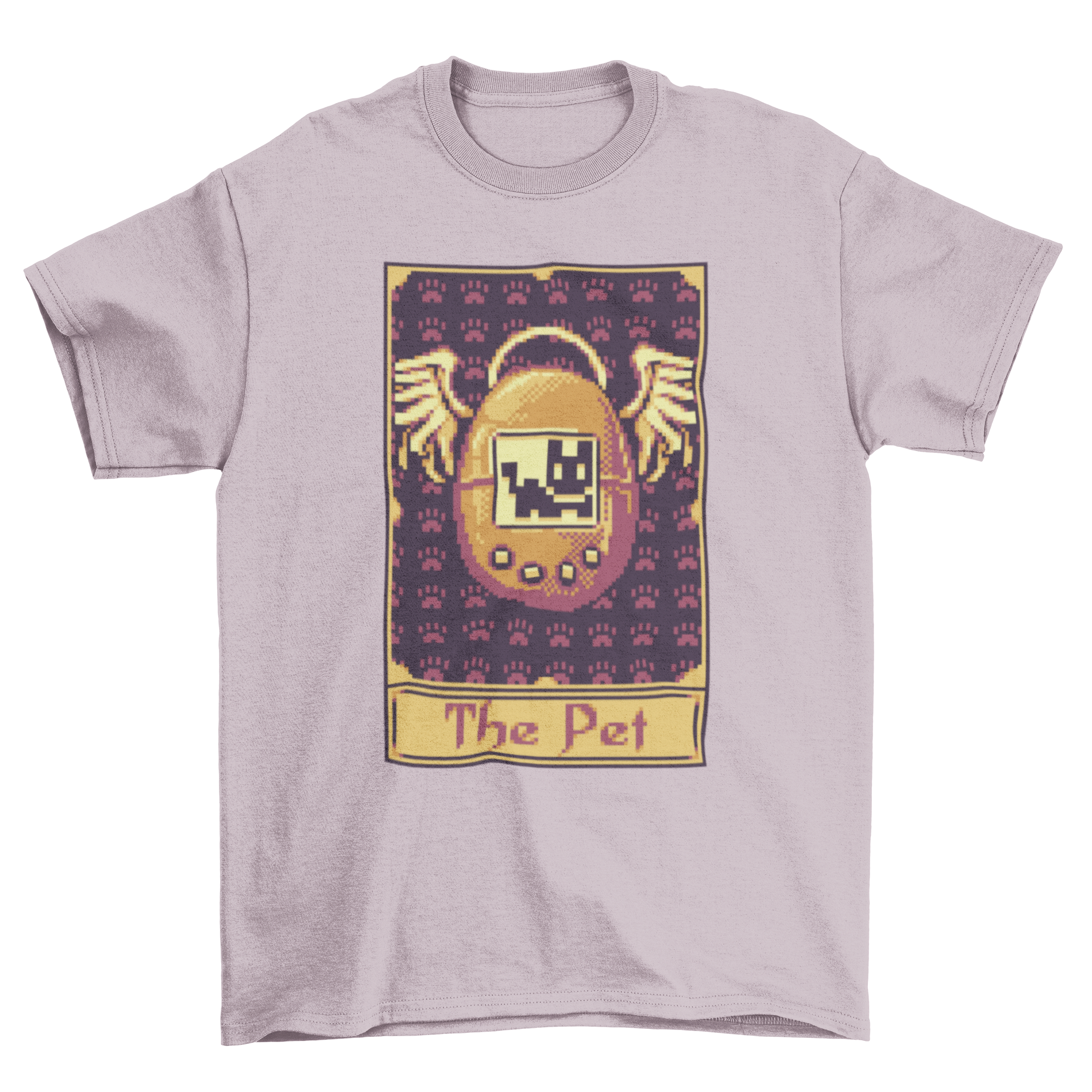 A stylish t-shirt featuring a pixel art tarot card design with retro gaming elements, perfect for gamers and tarot enthusiasts.
