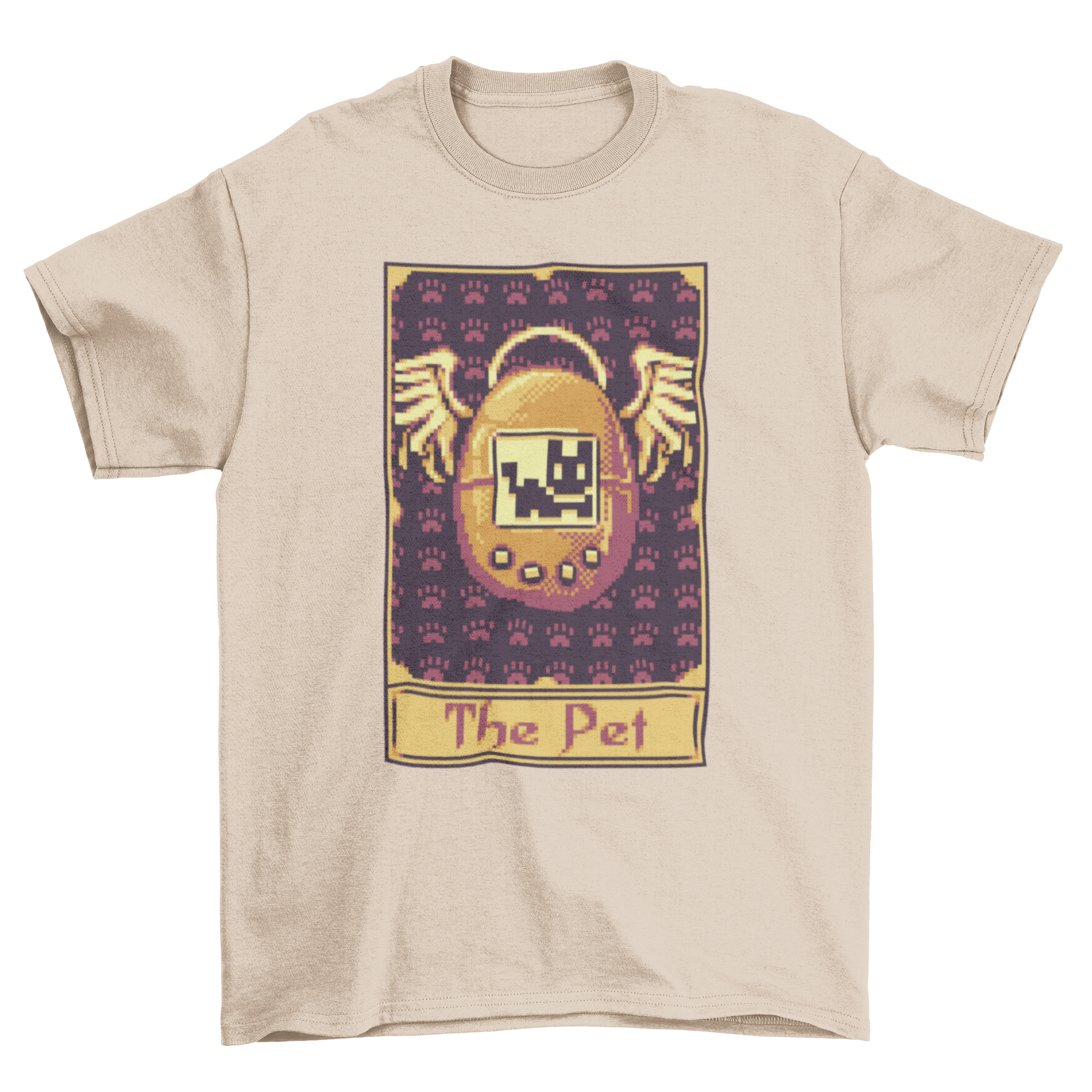 A stylish t-shirt featuring a pixel art tarot card design with retro gaming elements, perfect for gamers and tarot enthusiasts.