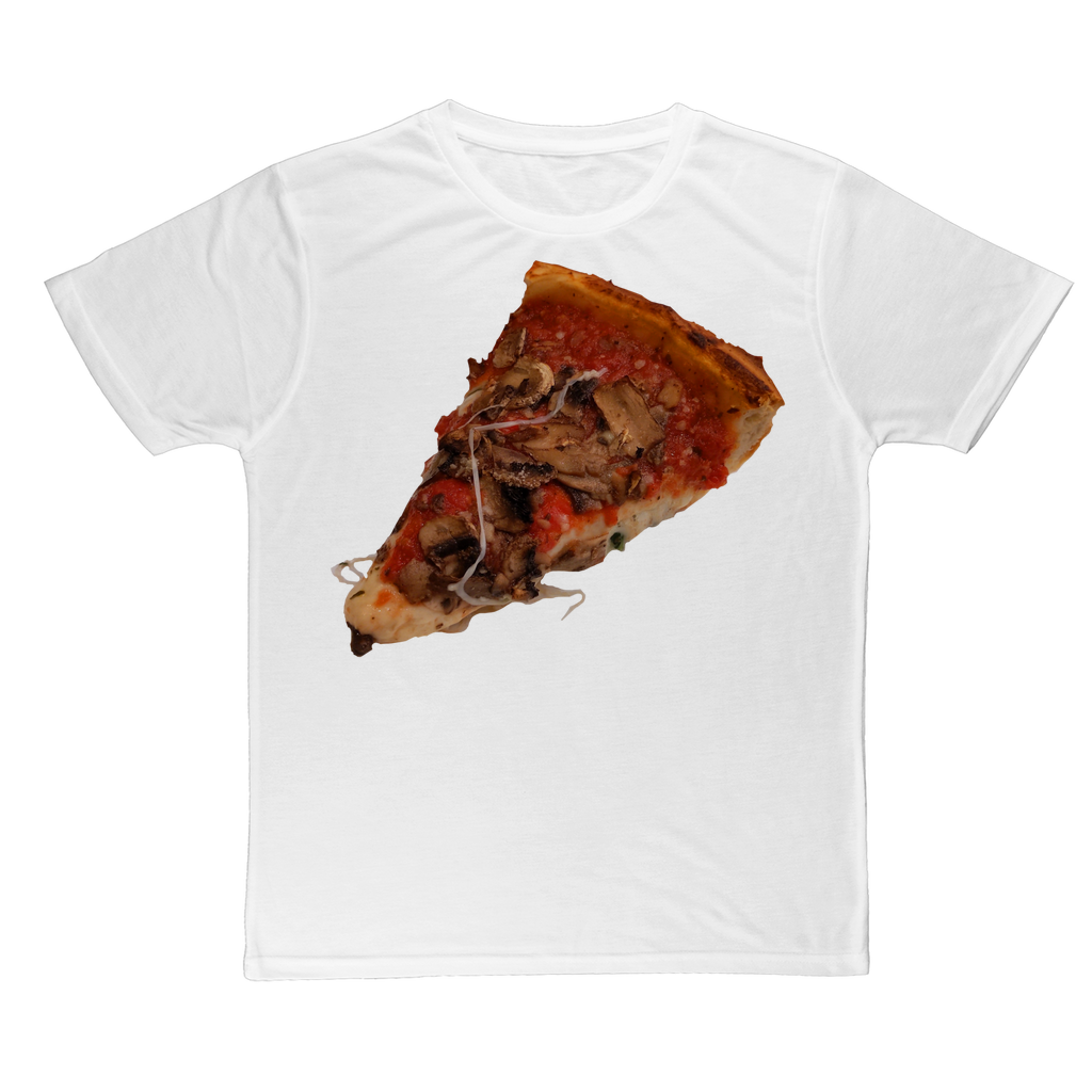 Pizza Classic Sublimation Adult T-Shirt featuring vibrant pizza-themed designs on a soft polyester fabric.