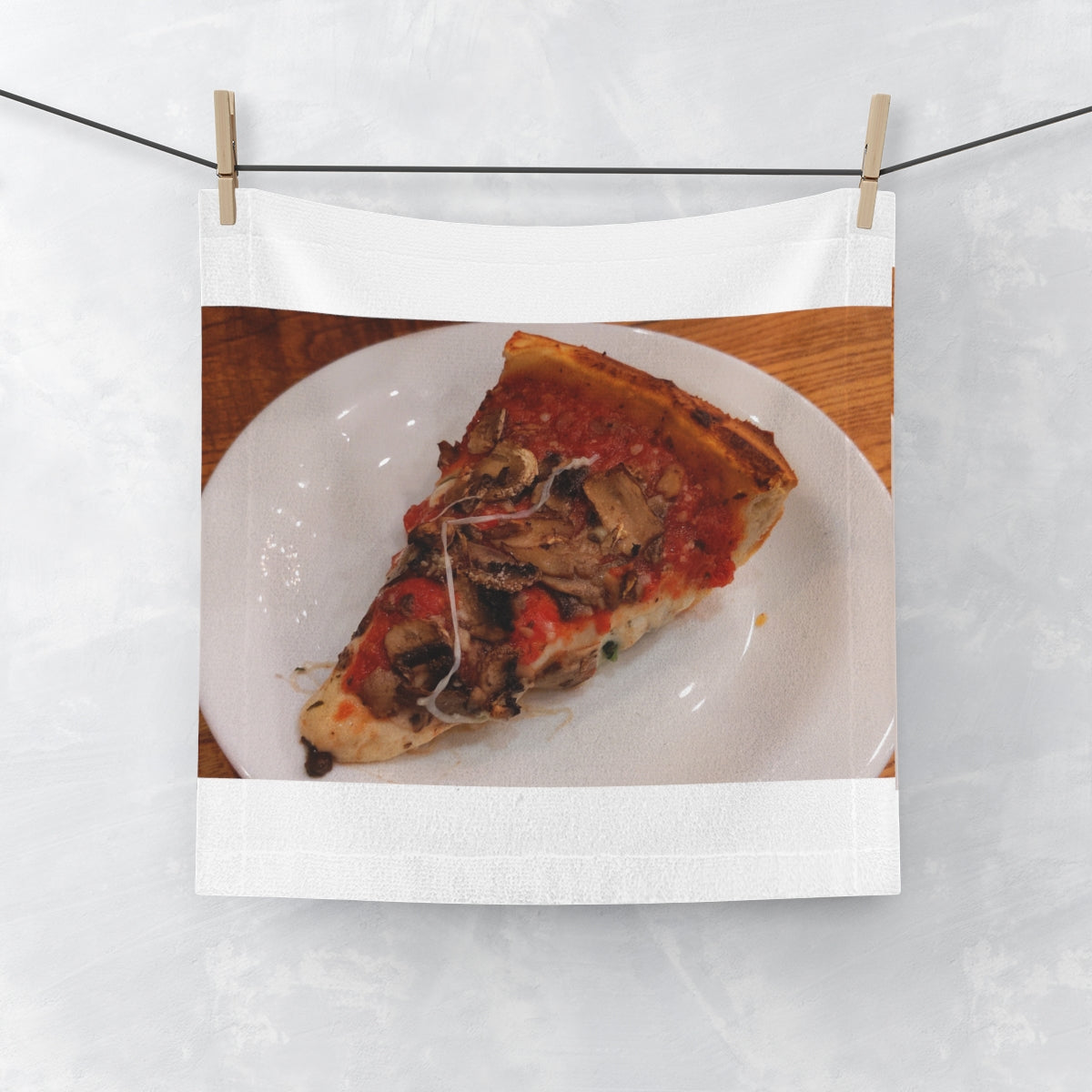 A colorful Pizza Face Towel featuring custom designs on a soft polyester front and absorbent cotton back, perfect for bathroom use.