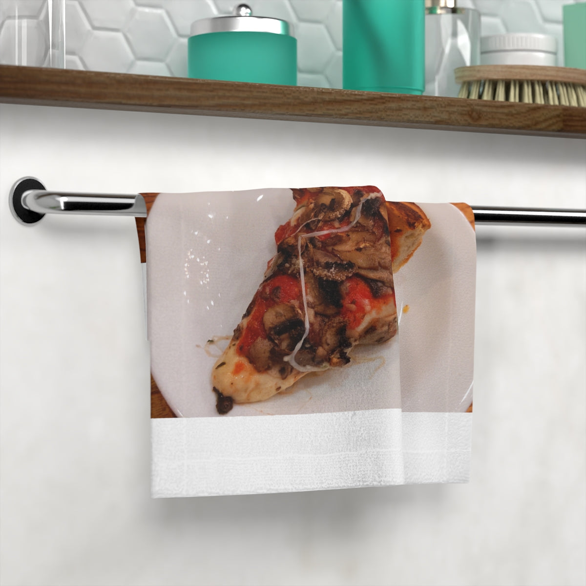 A colorful Pizza Face Towel featuring custom designs on a soft polyester front and absorbent cotton back, perfect for bathroom use.