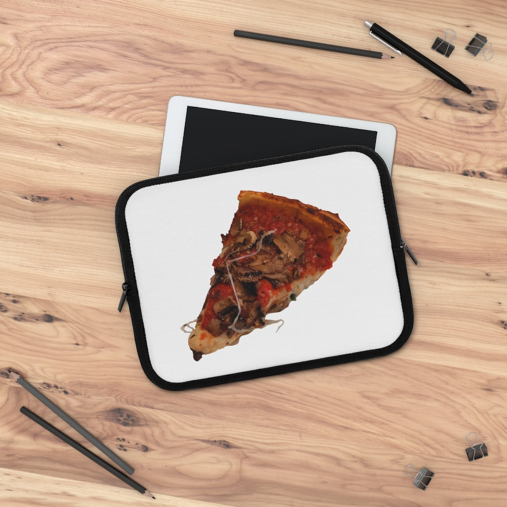 Colorful Pizza Laptop Sleeve with dual zipper enclosures and a black back, showcasing a fun pizza design.
