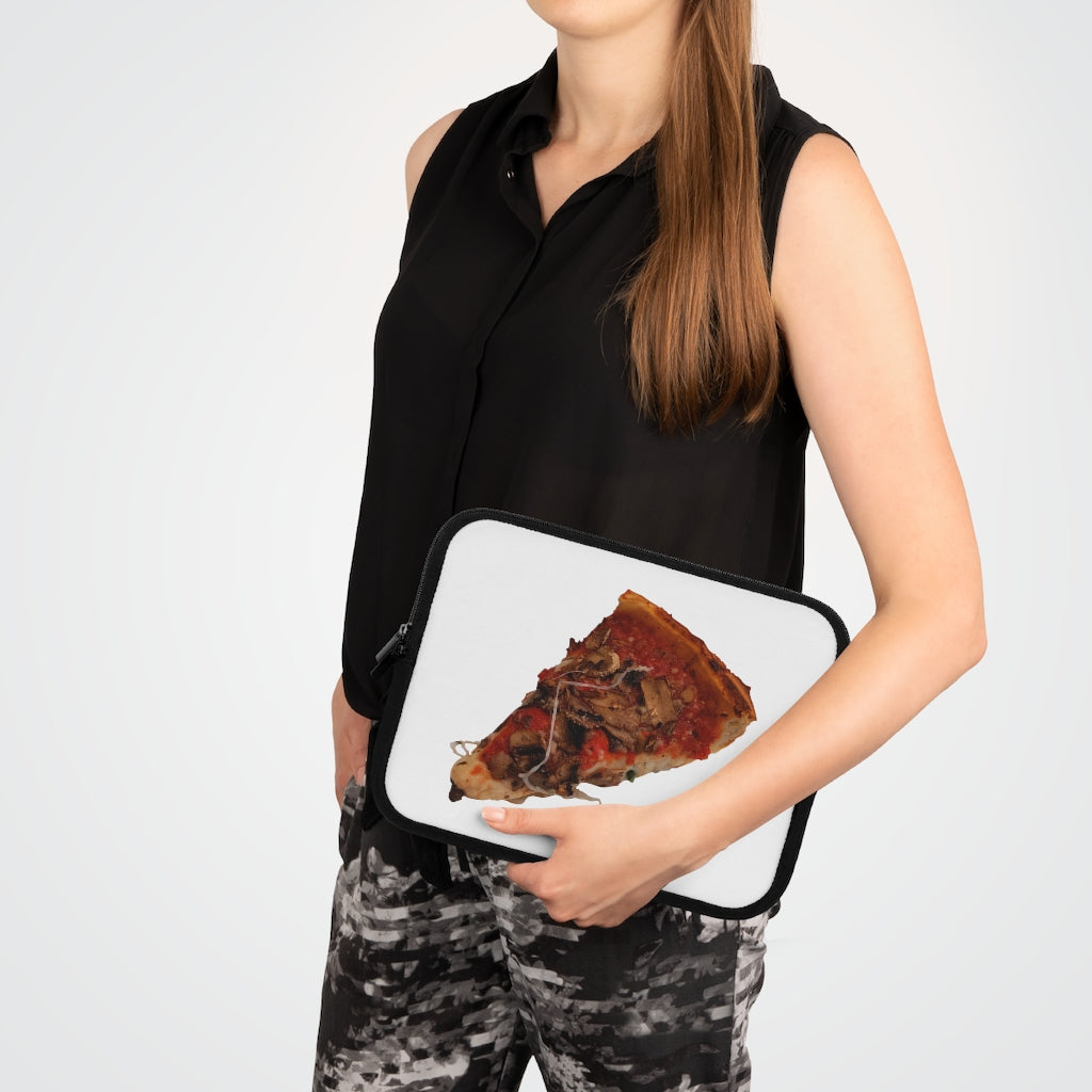 Colorful Pizza Laptop Sleeve with dual zipper enclosures and a black back, showcasing a fun pizza design.