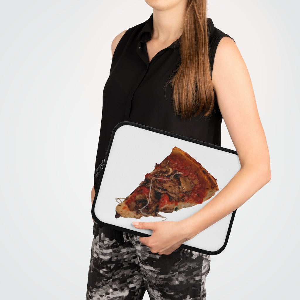 Colorful Pizza Laptop Sleeve with dual zipper enclosures and a black back, showcasing a fun pizza design.