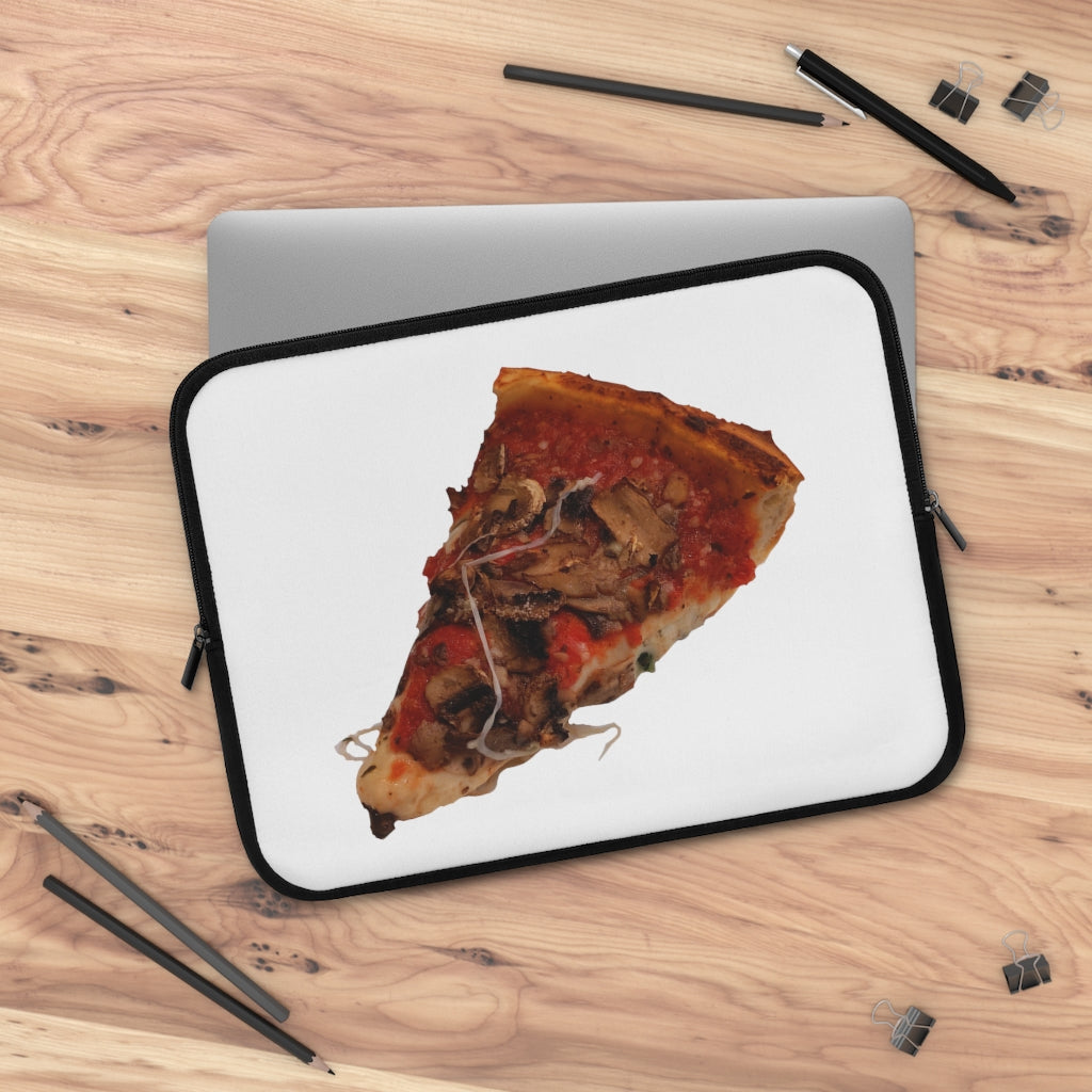 Colorful Pizza Laptop Sleeve with dual zipper enclosures and a black back, showcasing a fun pizza design.