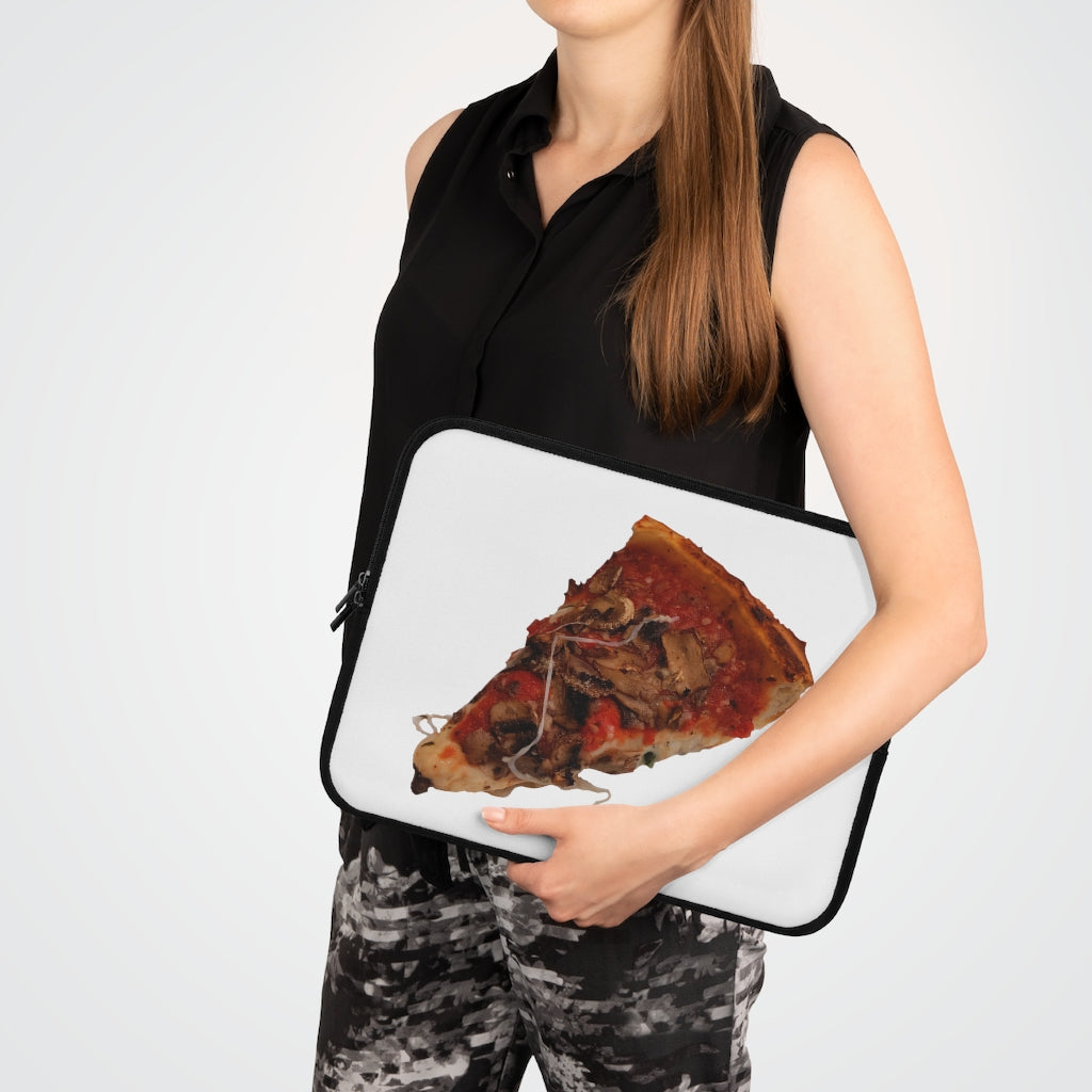 Colorful Pizza Laptop Sleeve with dual zipper enclosures and a black back, showcasing a fun pizza design.
