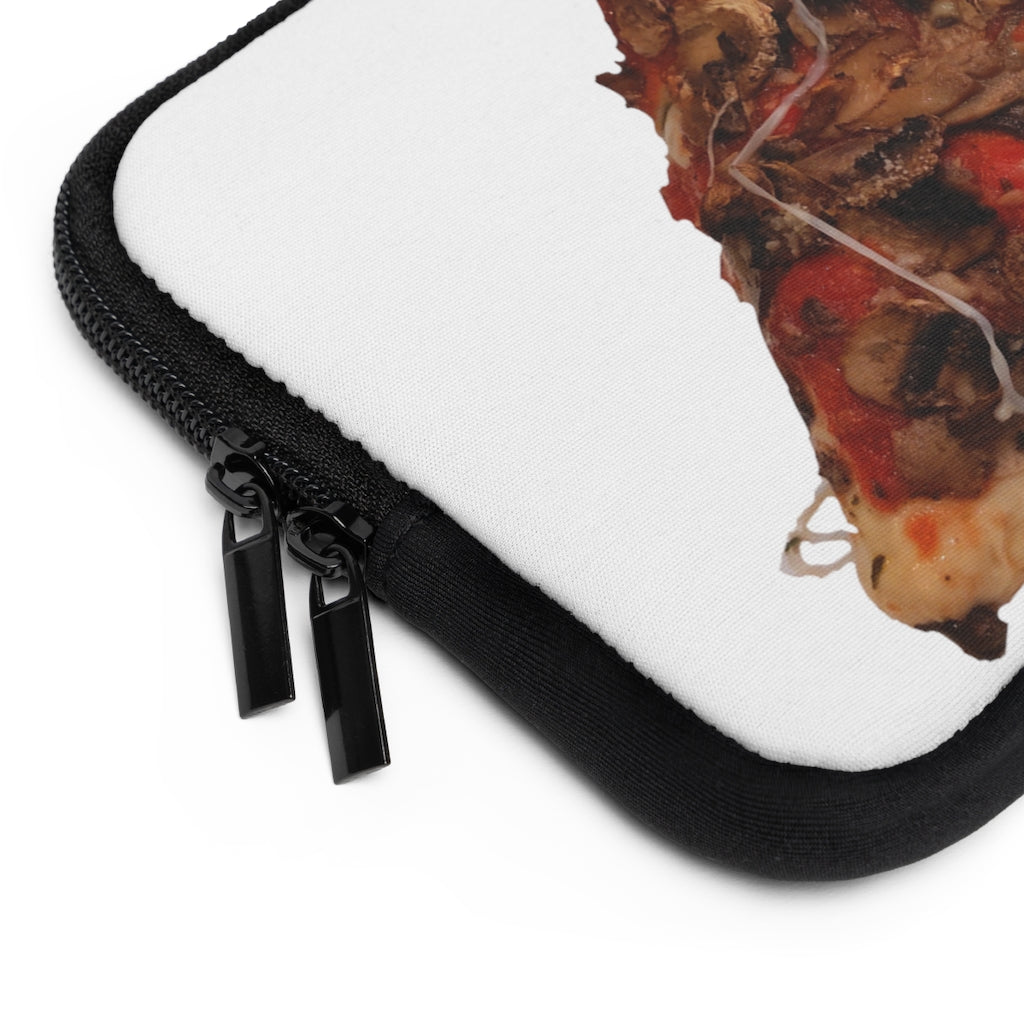 Colorful Pizza Laptop Sleeve with dual zipper enclosures and a black back, showcasing a fun pizza design.