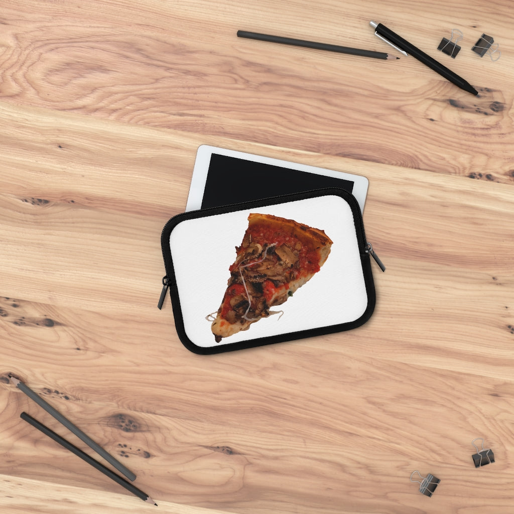 Colorful Pizza Laptop Sleeve with dual zipper enclosures and a black back, showcasing a fun pizza design.
