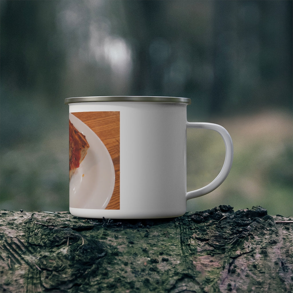 A stylish Pizza on Plate Enamel Camping Mug with a C-handle, showcasing a colorful design, perfect for outdoor adventures.