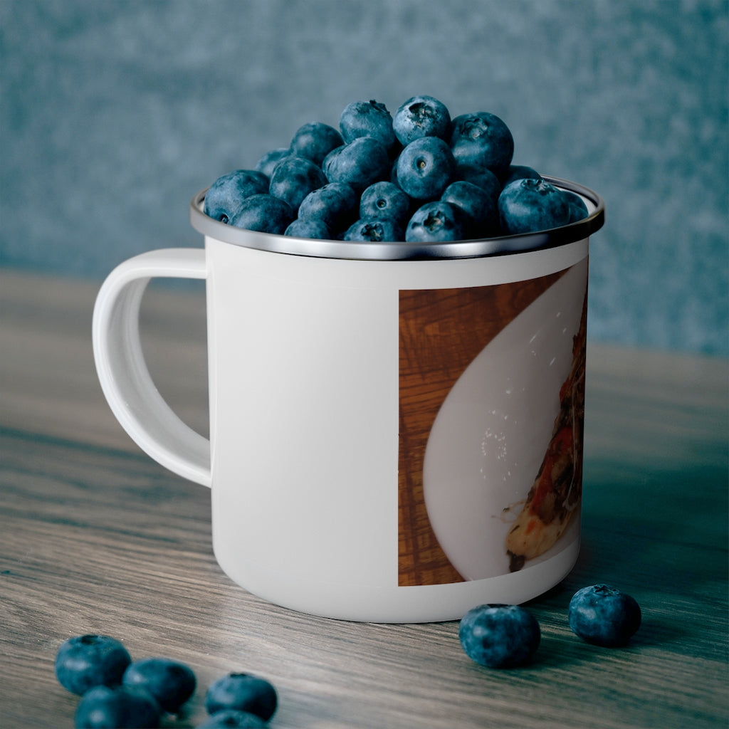 A stylish Pizza on Plate Enamel Camping Mug with a C-handle, showcasing a colorful design, perfect for outdoor adventures.