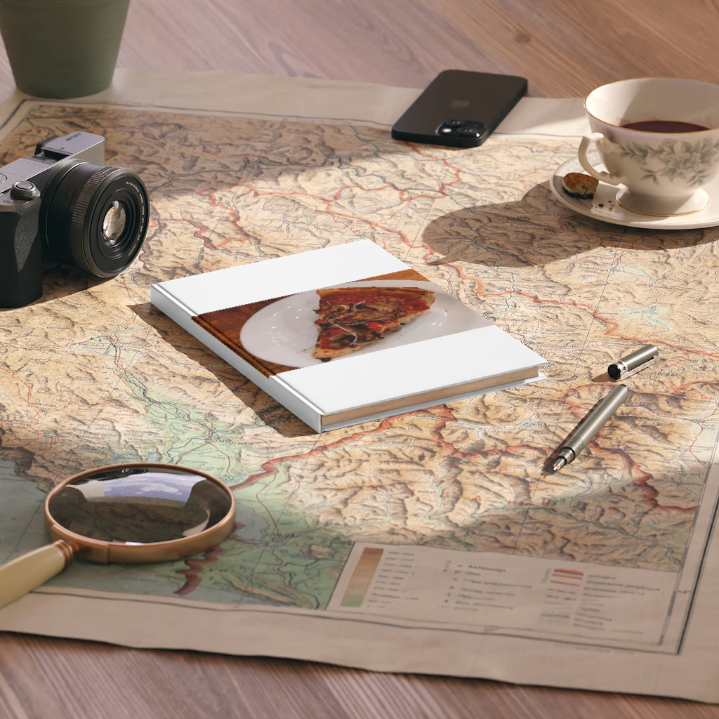 A5 hardcover journal featuring a colorful pizza design with casewrap binding and 128 pages.