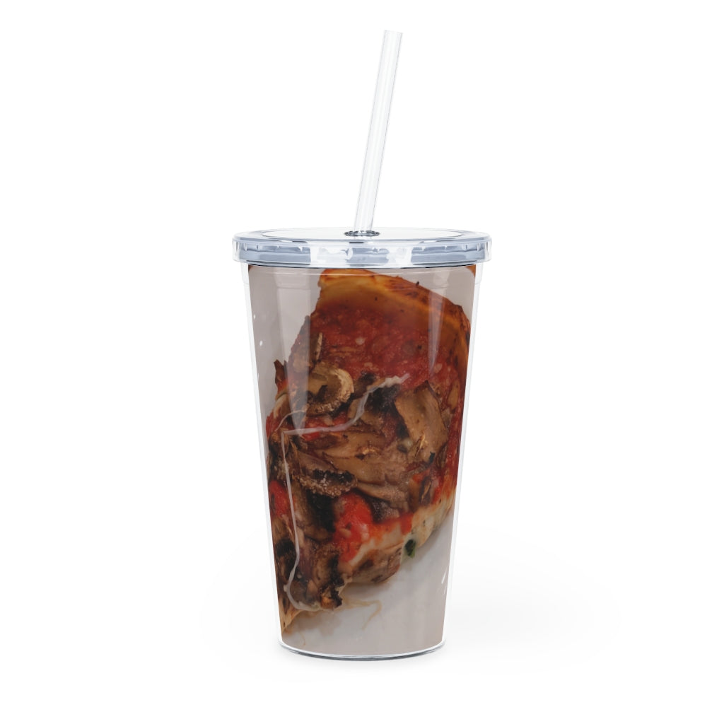Colorful Pizza on Plate Plastic Tumbler with Straw, featuring a customizable design and double wall insulation.