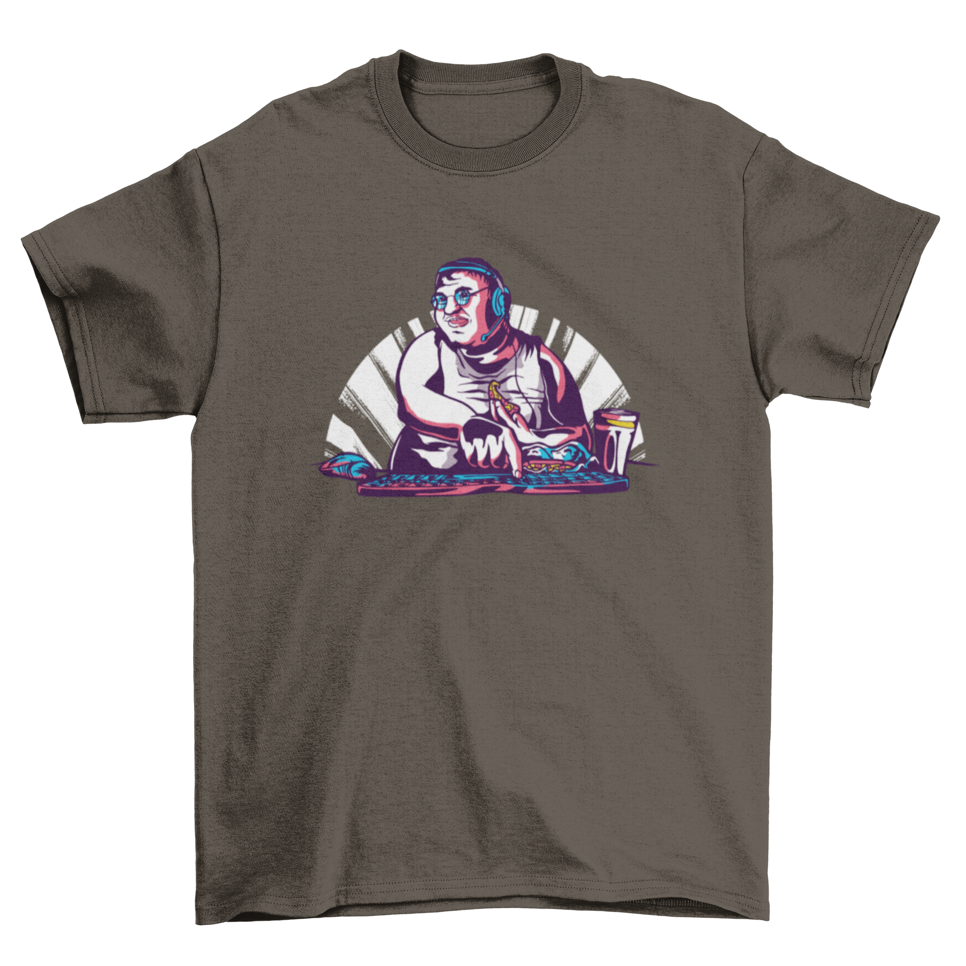 A stylish t-shirt featuring a graphic of a man eating pizza while coding on a computer.