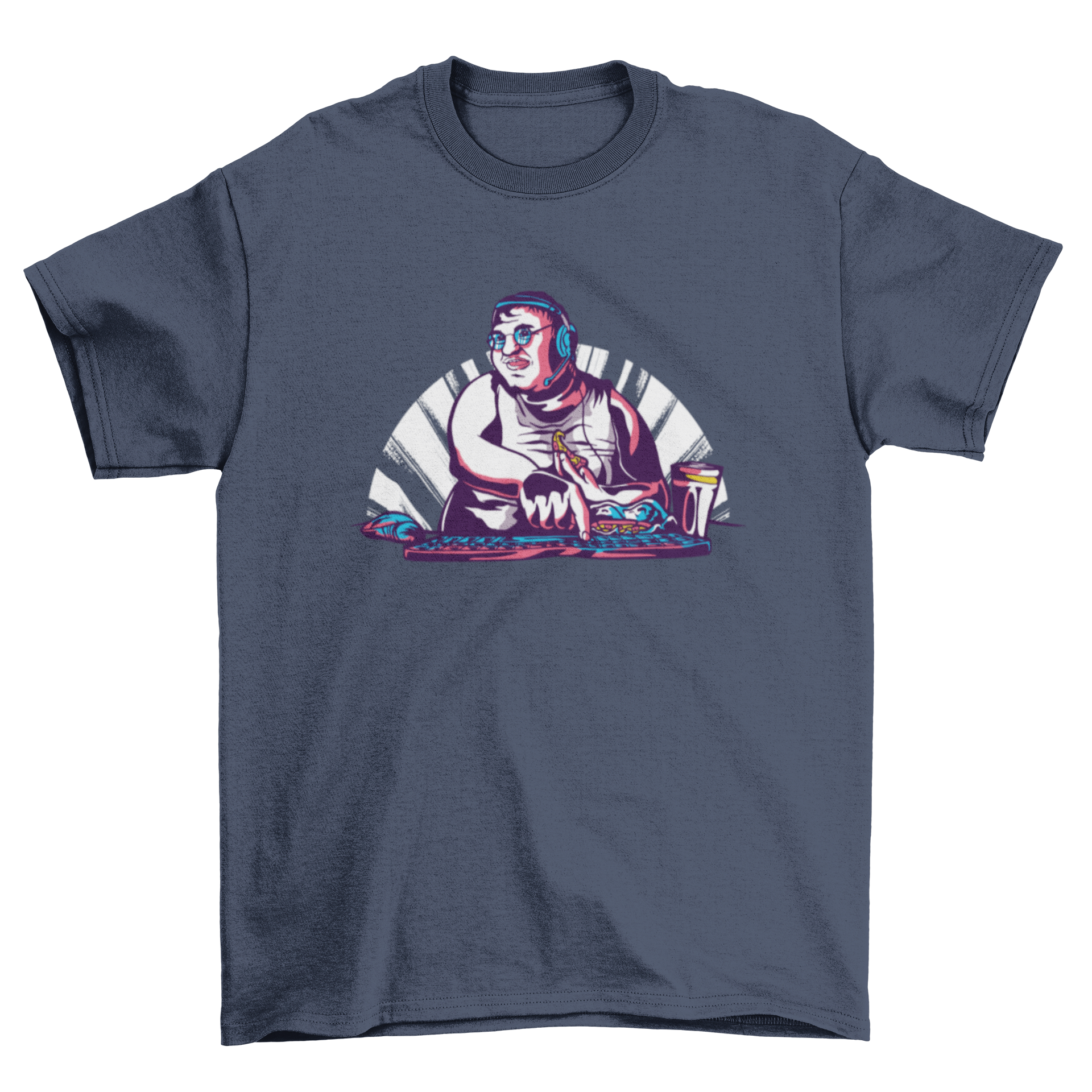 A stylish t-shirt featuring a graphic of a man eating pizza while coding on a computer.