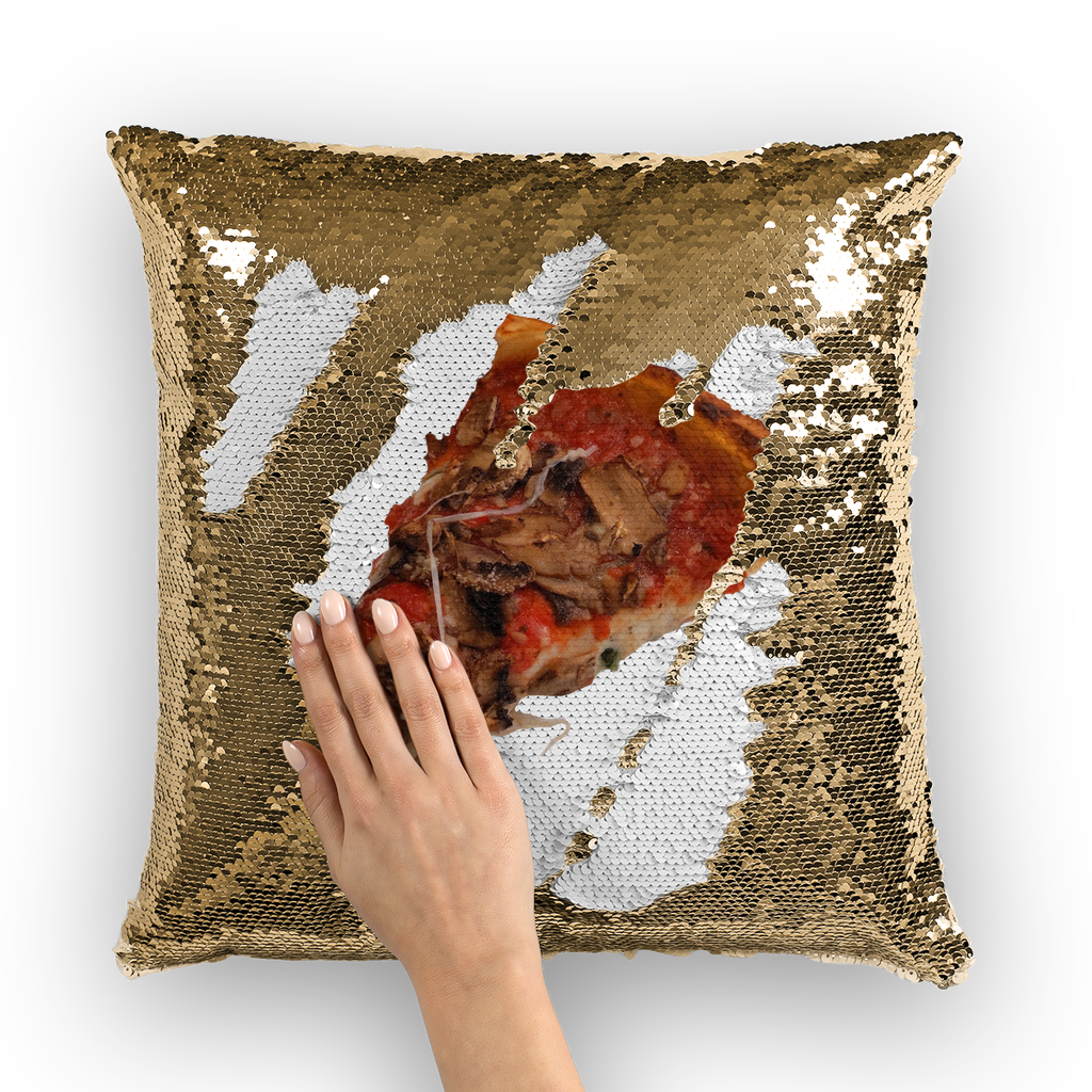 Color-changing Pizza Sequin Cushion Cover with vibrant mermaid sequins on a soft polyester fabric, perfect for home decor.