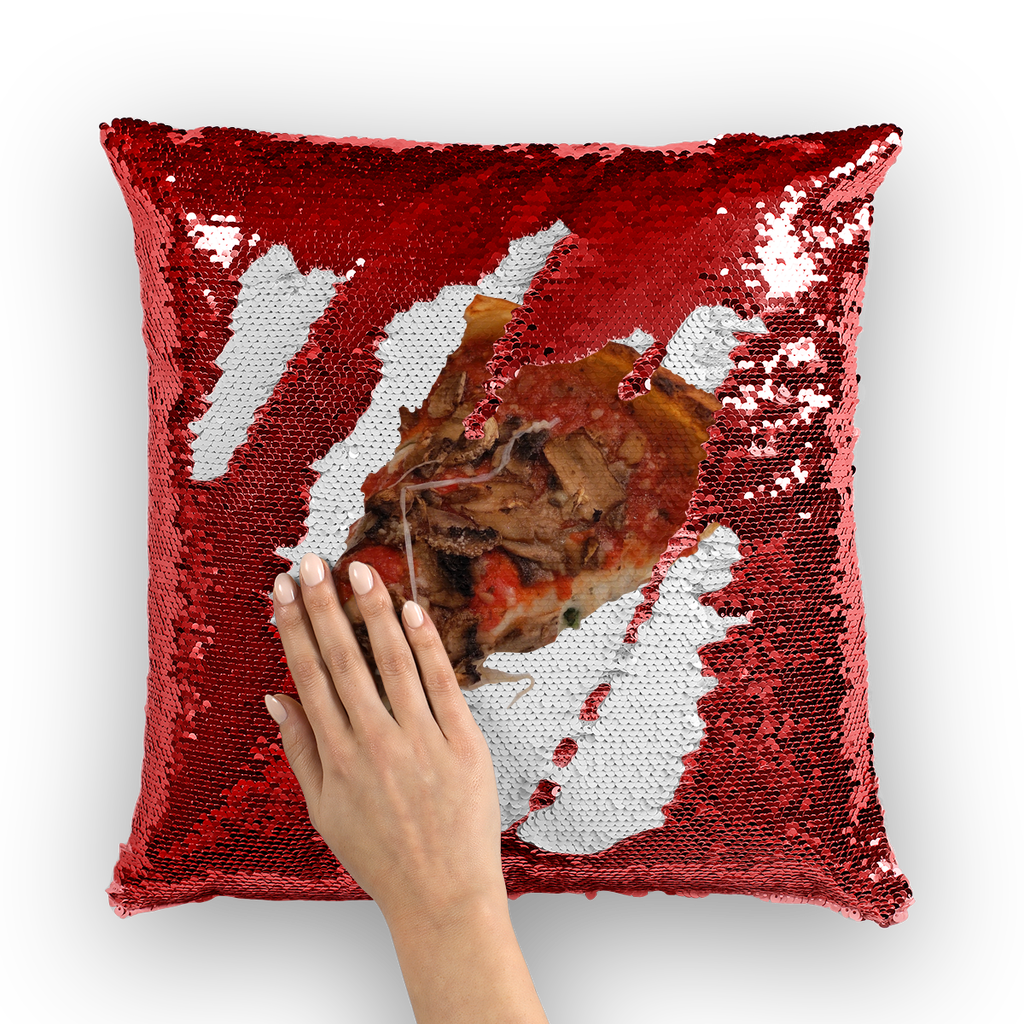 Color-changing Pizza Sequin Cushion Cover with vibrant mermaid sequins on a soft polyester fabric, perfect for home decor.