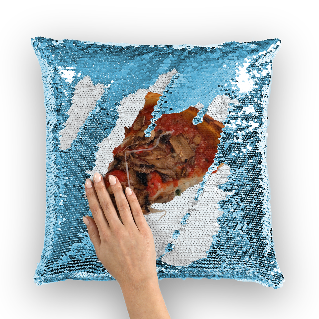 Color-changing Pizza Sequin Cushion Cover with vibrant mermaid sequins on a soft polyester fabric, perfect for home decor.