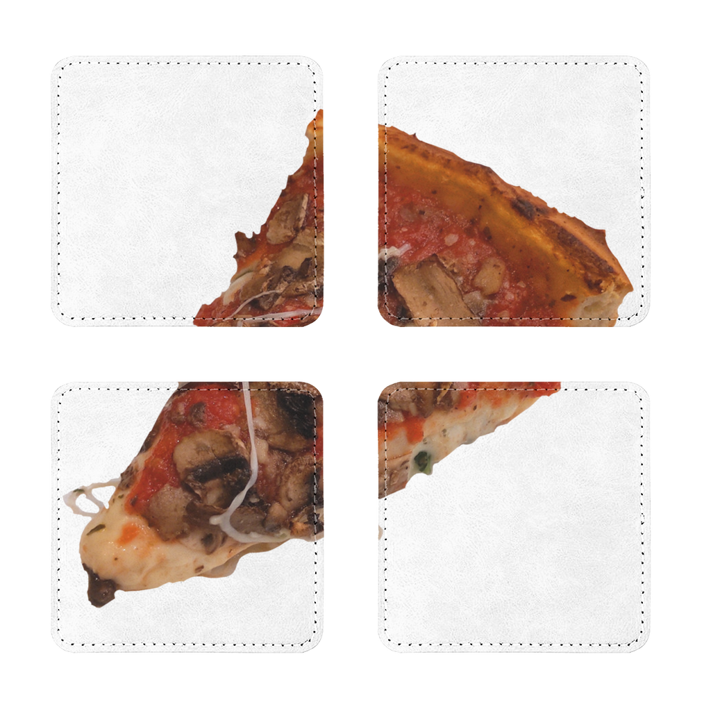 Pack of four pizza sublimation coasters made of PU leather, featuring a white printable surface and stylish stitching.