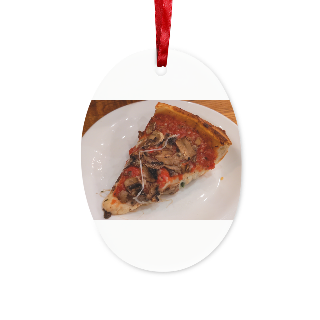PizzaonPlate Ceramic Hanging Ornament with red ribbon and gold string, perfect for Christmas decoration.