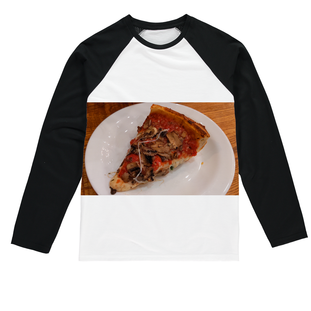 PizzaonPlate Sublimation Baseball Long Sleeve T-Shirt featuring long sleeves, crew neck, and mixed fabric for comfort and durability.