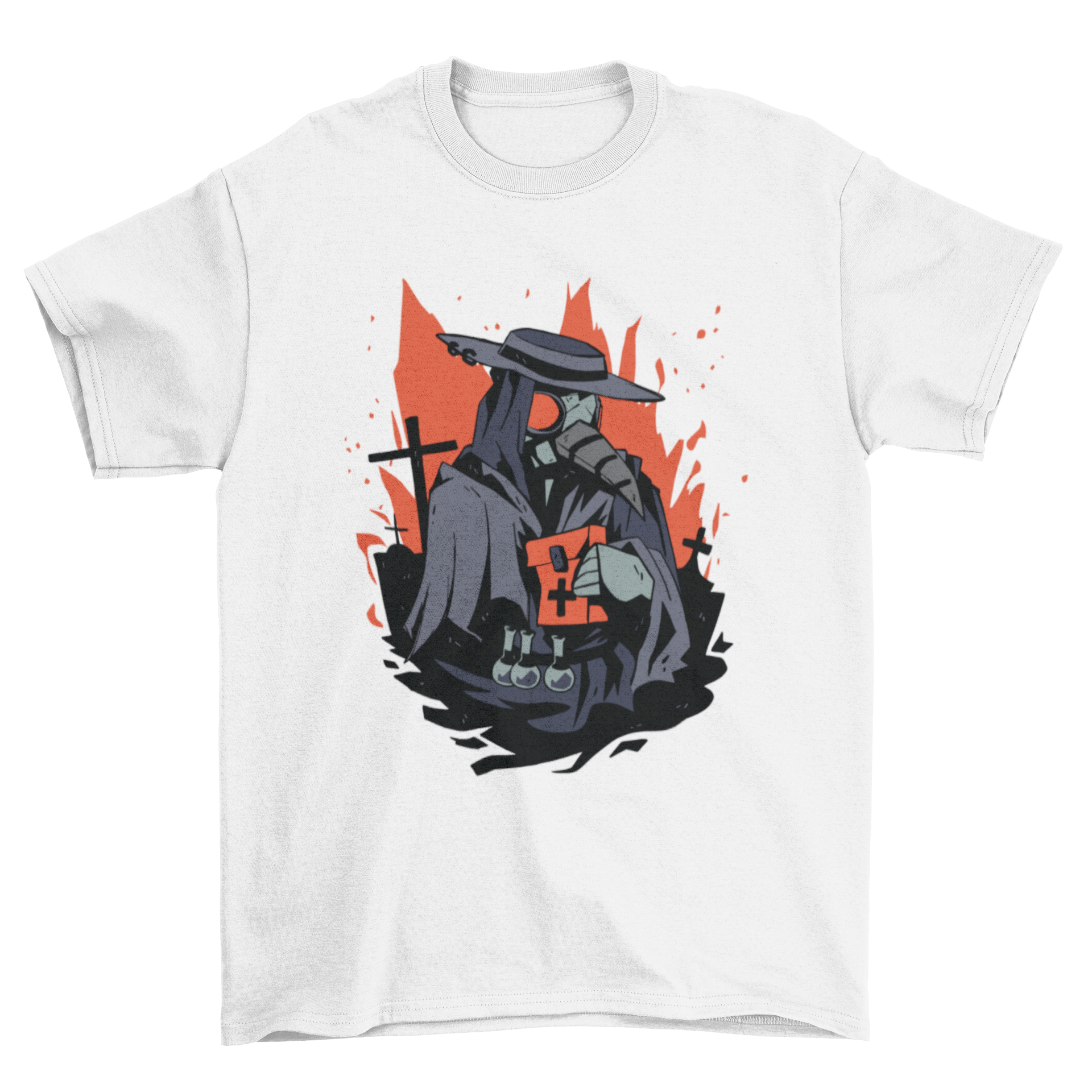 A spooky t-shirt featuring a plague doctor illustration in a graveyard, showcasing eerie details and dark aesthetics.