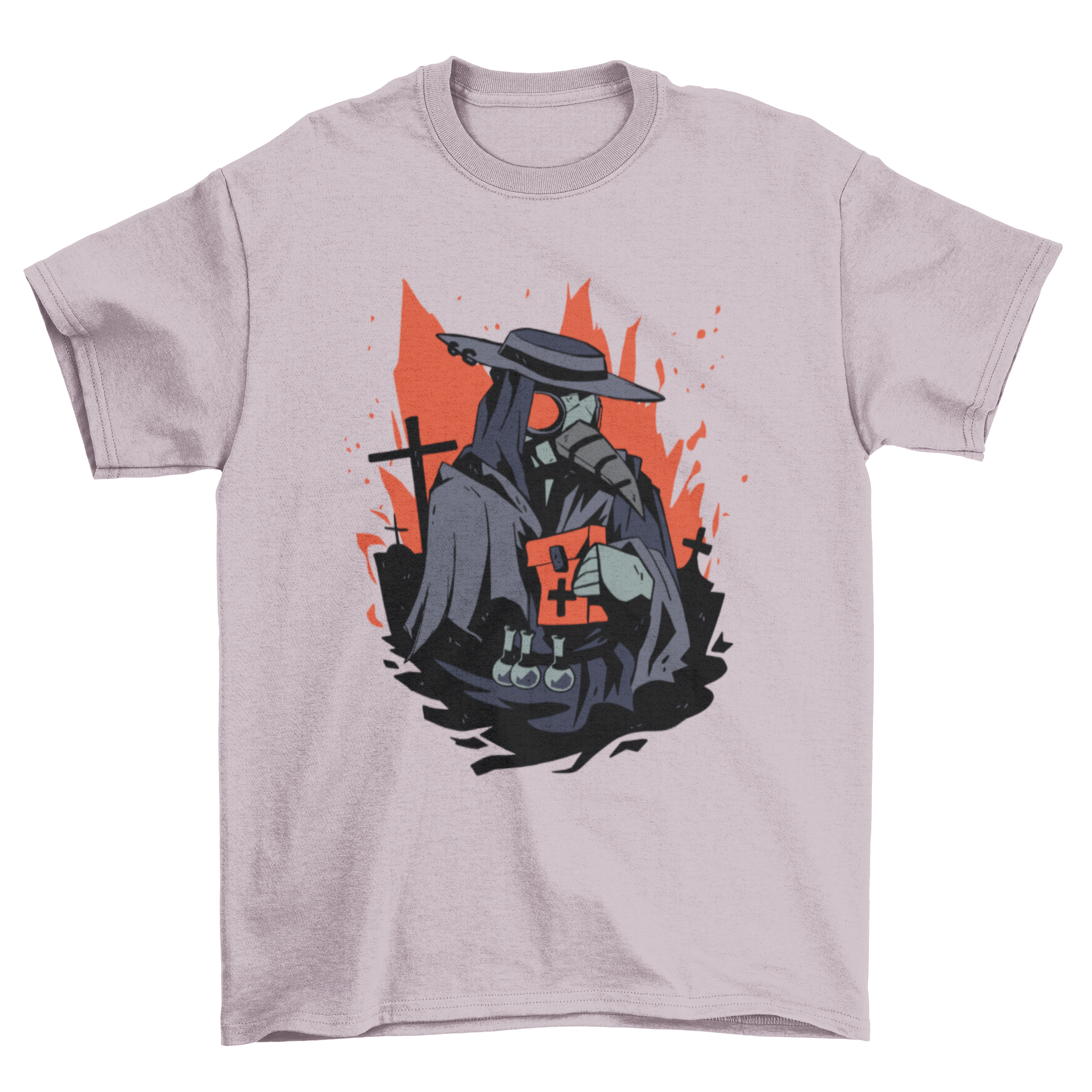 A spooky t-shirt featuring a plague doctor illustration in a graveyard, showcasing eerie details and dark aesthetics.