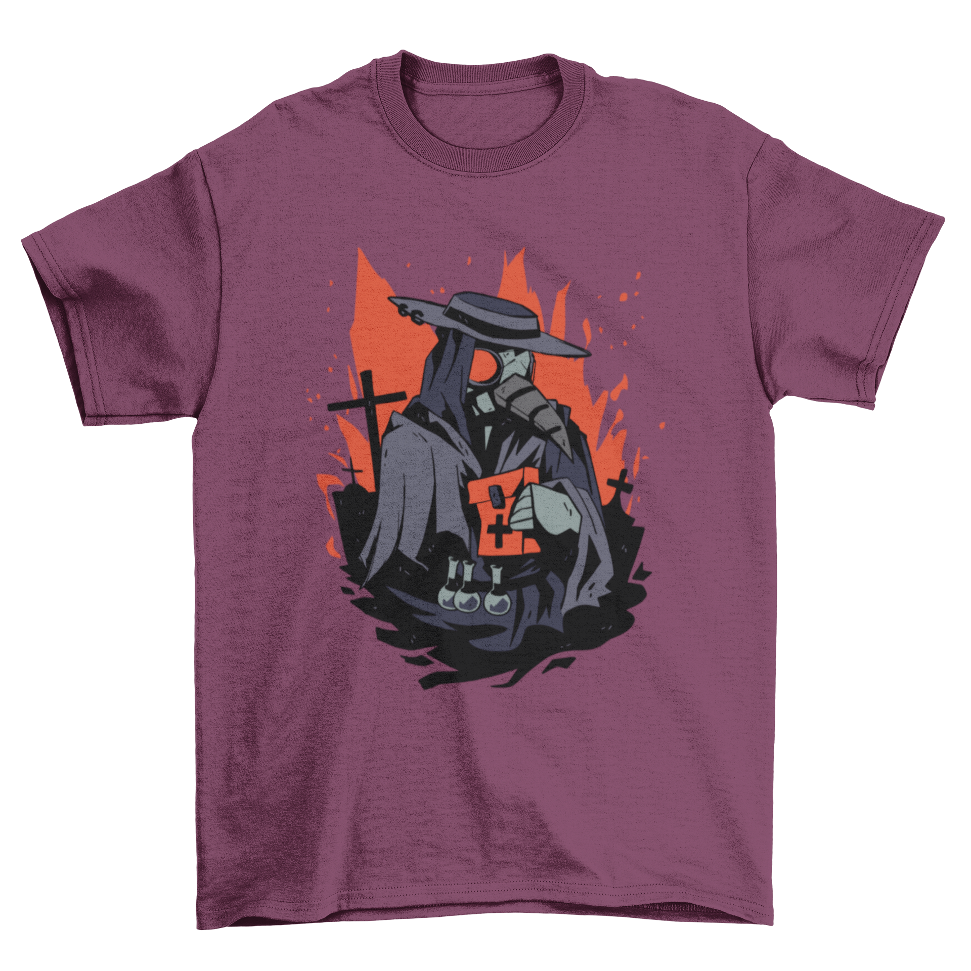 A spooky t-shirt featuring a plague doctor illustration in a graveyard, showcasing eerie details and dark aesthetics.