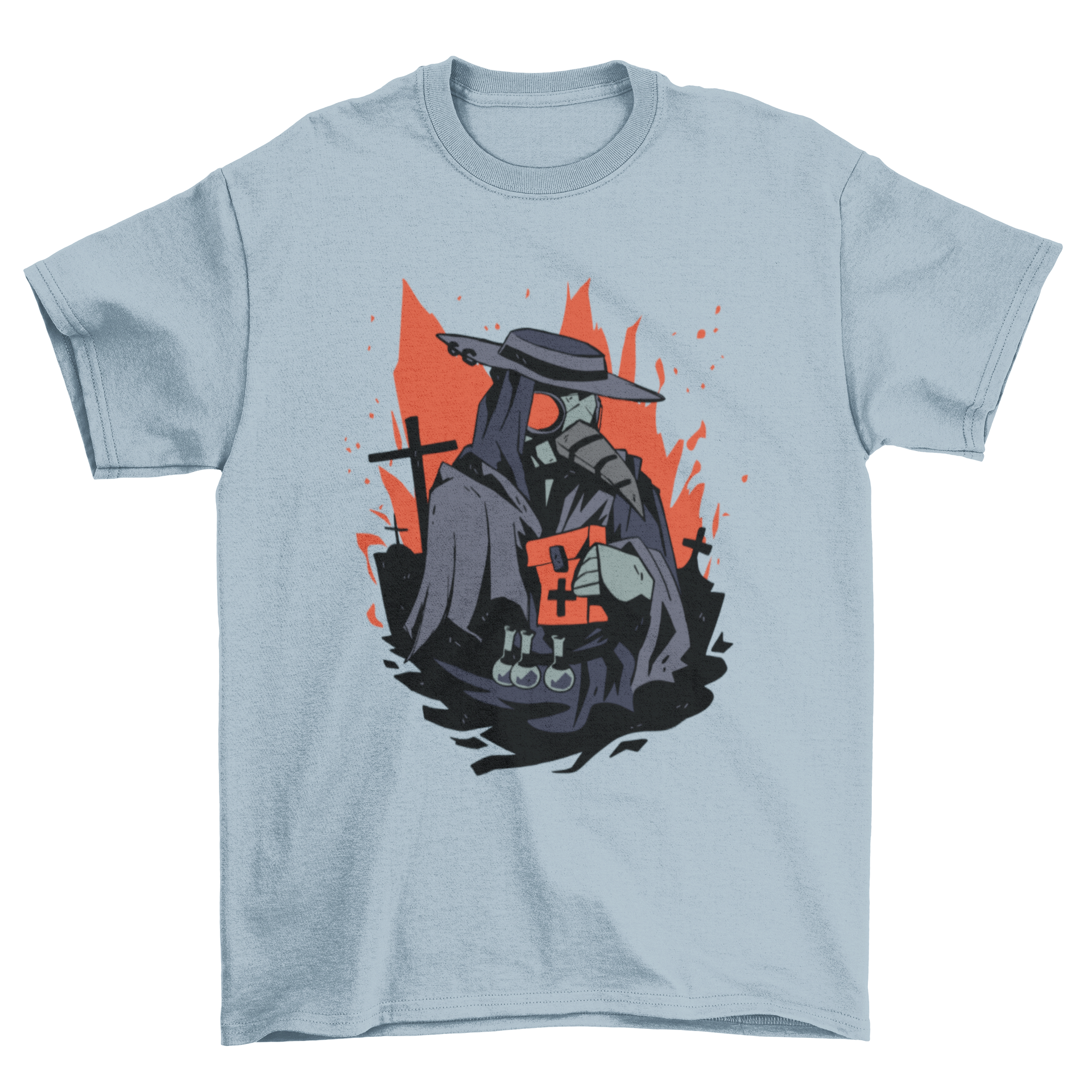 A spooky t-shirt featuring a plague doctor illustration in a graveyard, showcasing eerie details and dark aesthetics.