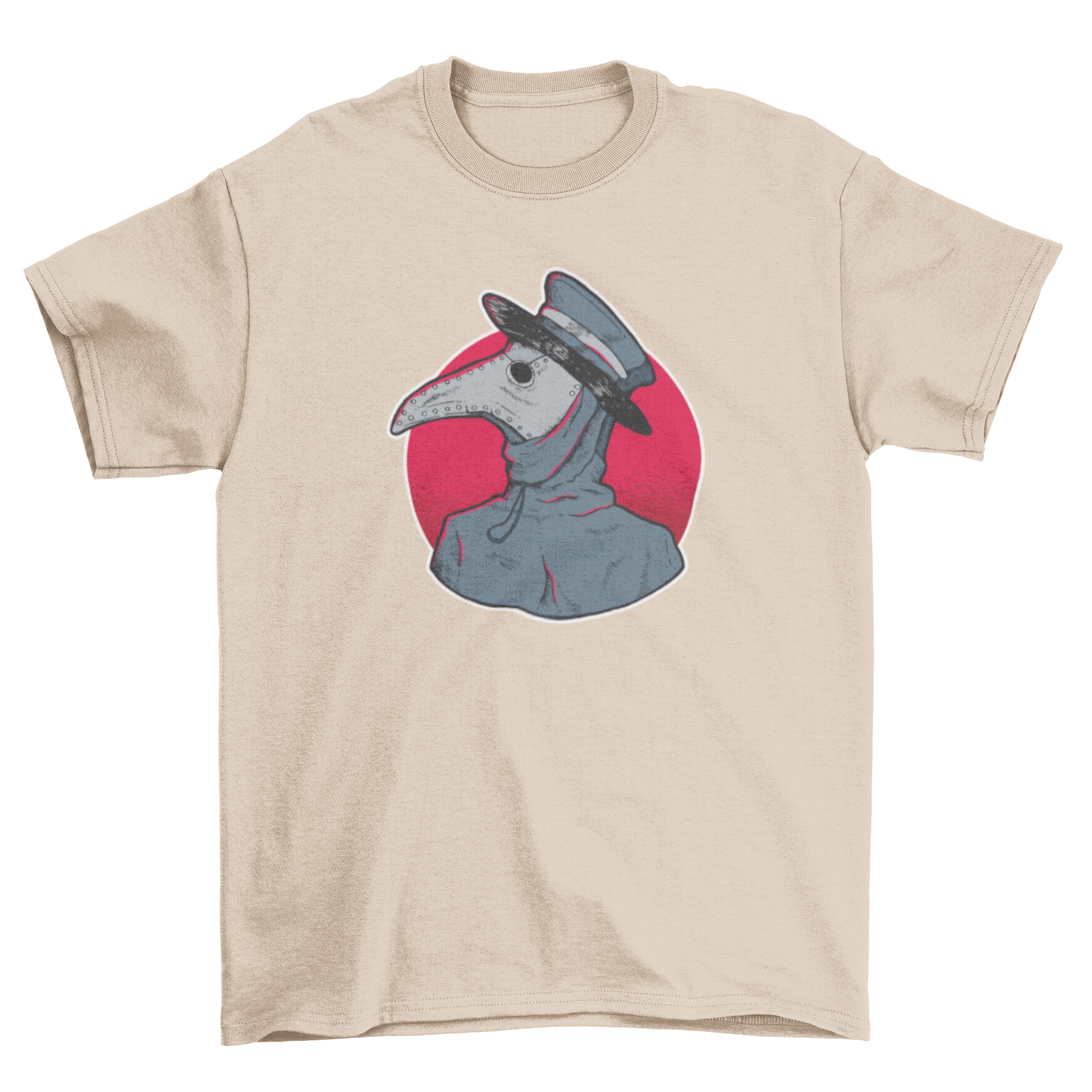 A dark and creepy t-shirt featuring a headshot of a Plague Doctor wearing a traditional mask, perfect for gothic fashion enthusiasts.