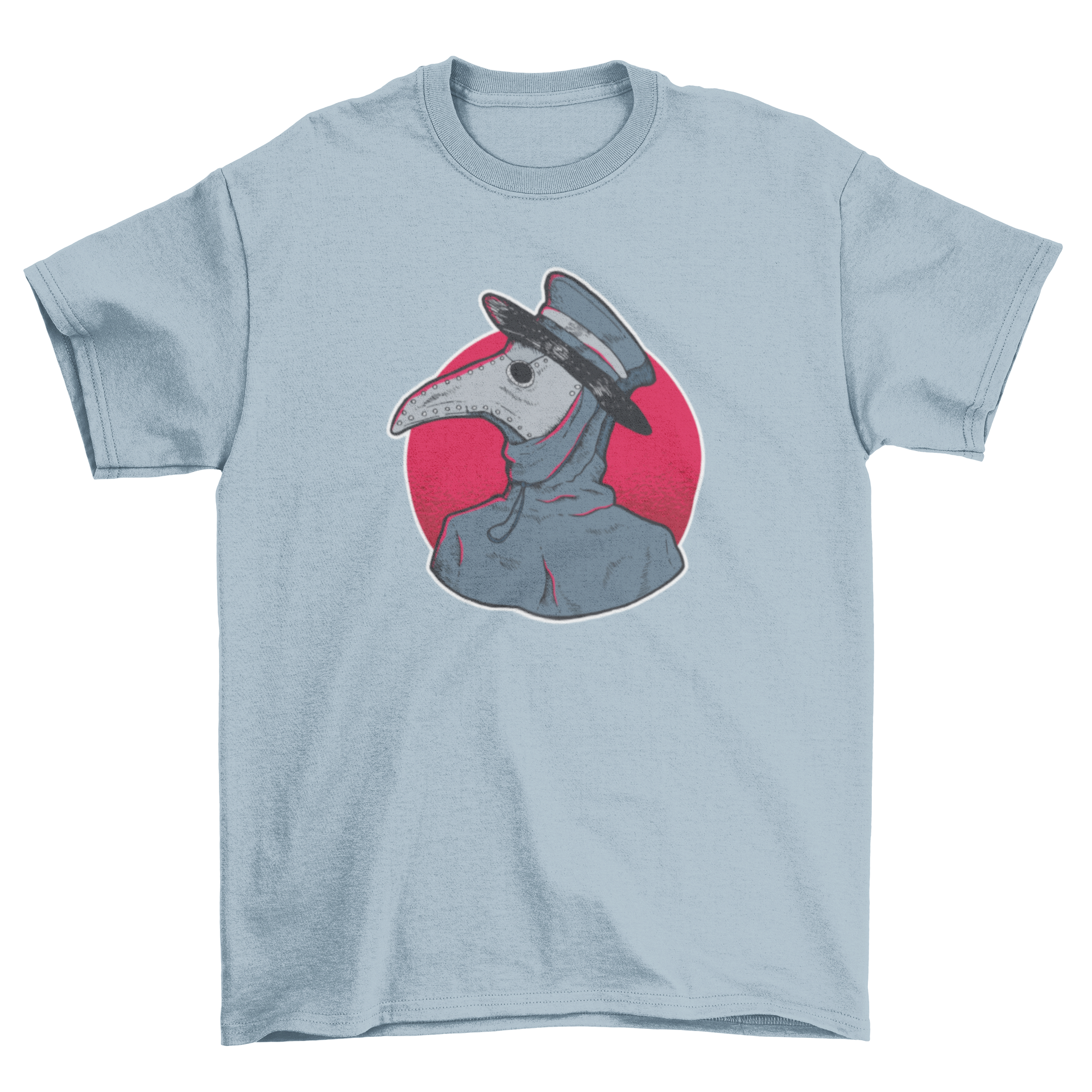 A dark and creepy t-shirt featuring a headshot of a Plague Doctor wearing a traditional mask, perfect for gothic fashion enthusiasts.
