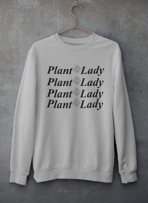 A cozy Plant Lady Sweat Shirt featuring a unique design, made from a soft cotton/poly fleece blend, perfect for plant enthusiasts.
