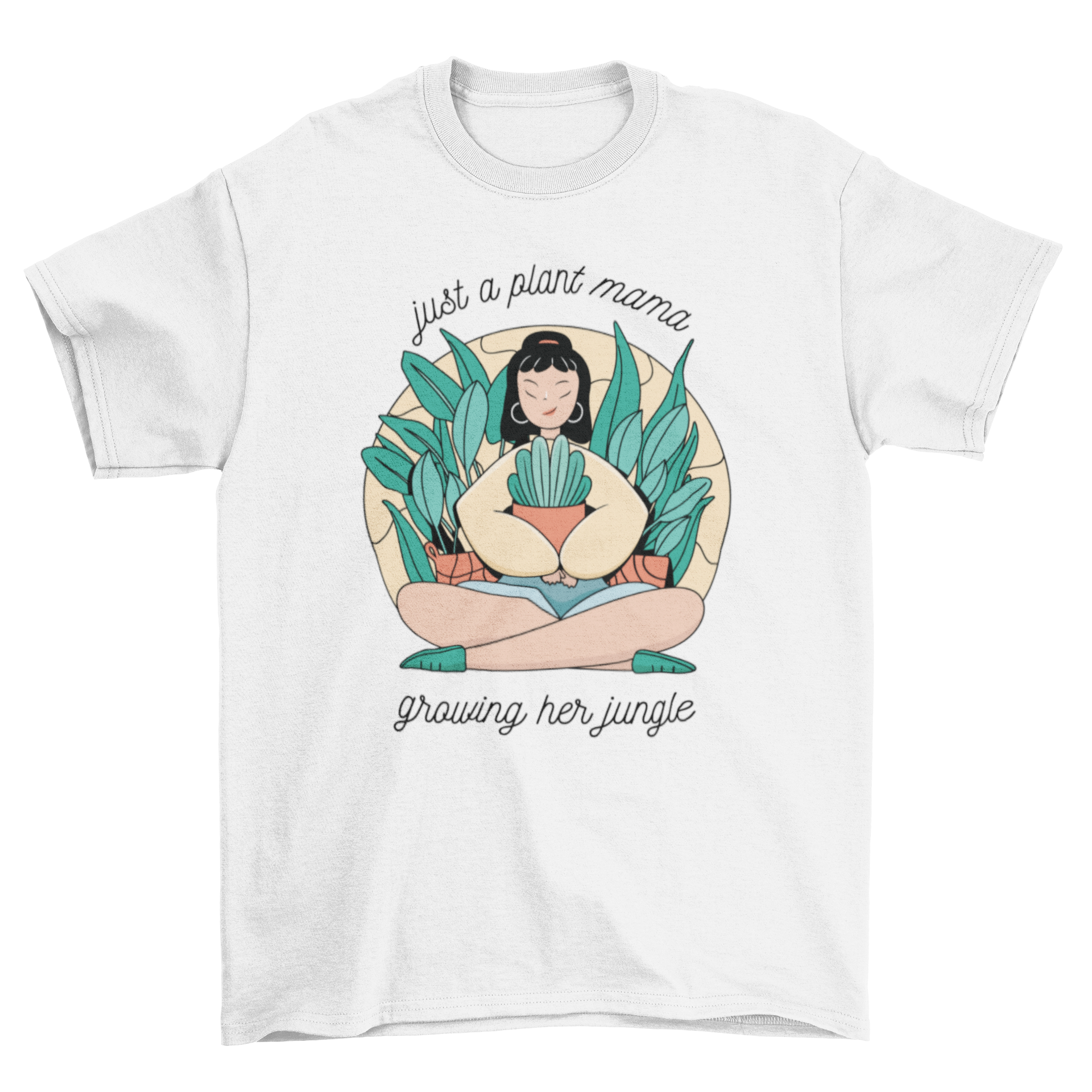 A cute t-shirt design featuring a girl holding a houseplant with the quote 'Just a plant mama growing her jungle'.