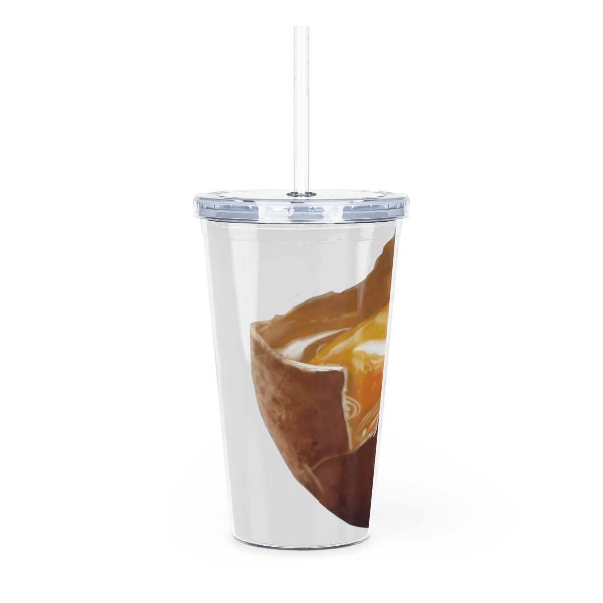 A colorful 20oz plastic tumbler with a lid and straw, showcasing a customizable design for events and gatherings.