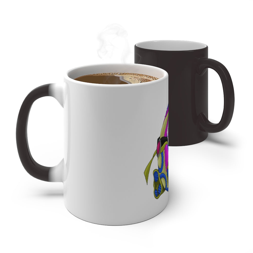 Platipus Color Changing Mug showcasing vibrant colors when filled with hot liquid, featuring a sleek white ceramic design.