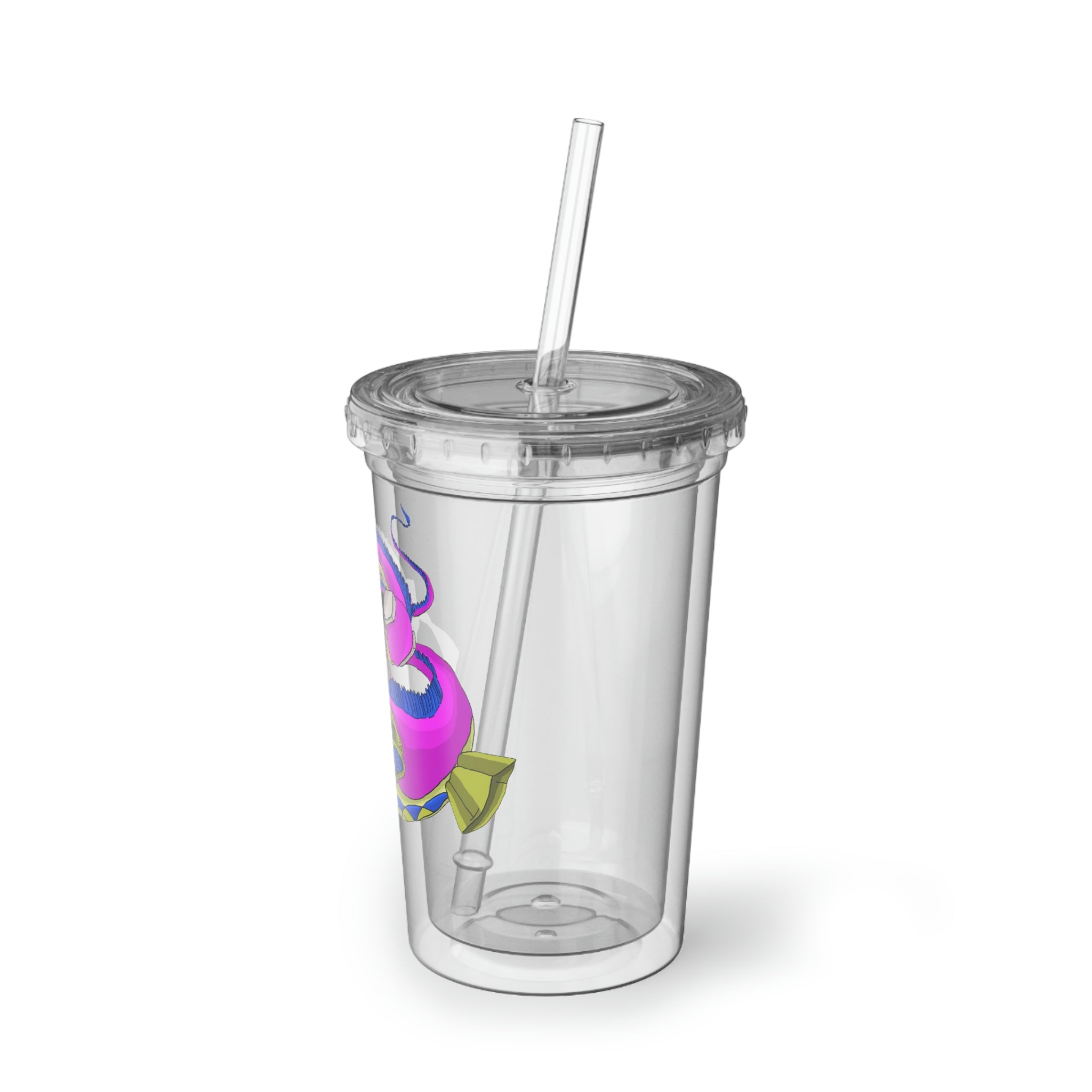 Platipus Suave Acrylic Cup in stainless steel with a black cap and plastic straw, showcasing a customizable design.
