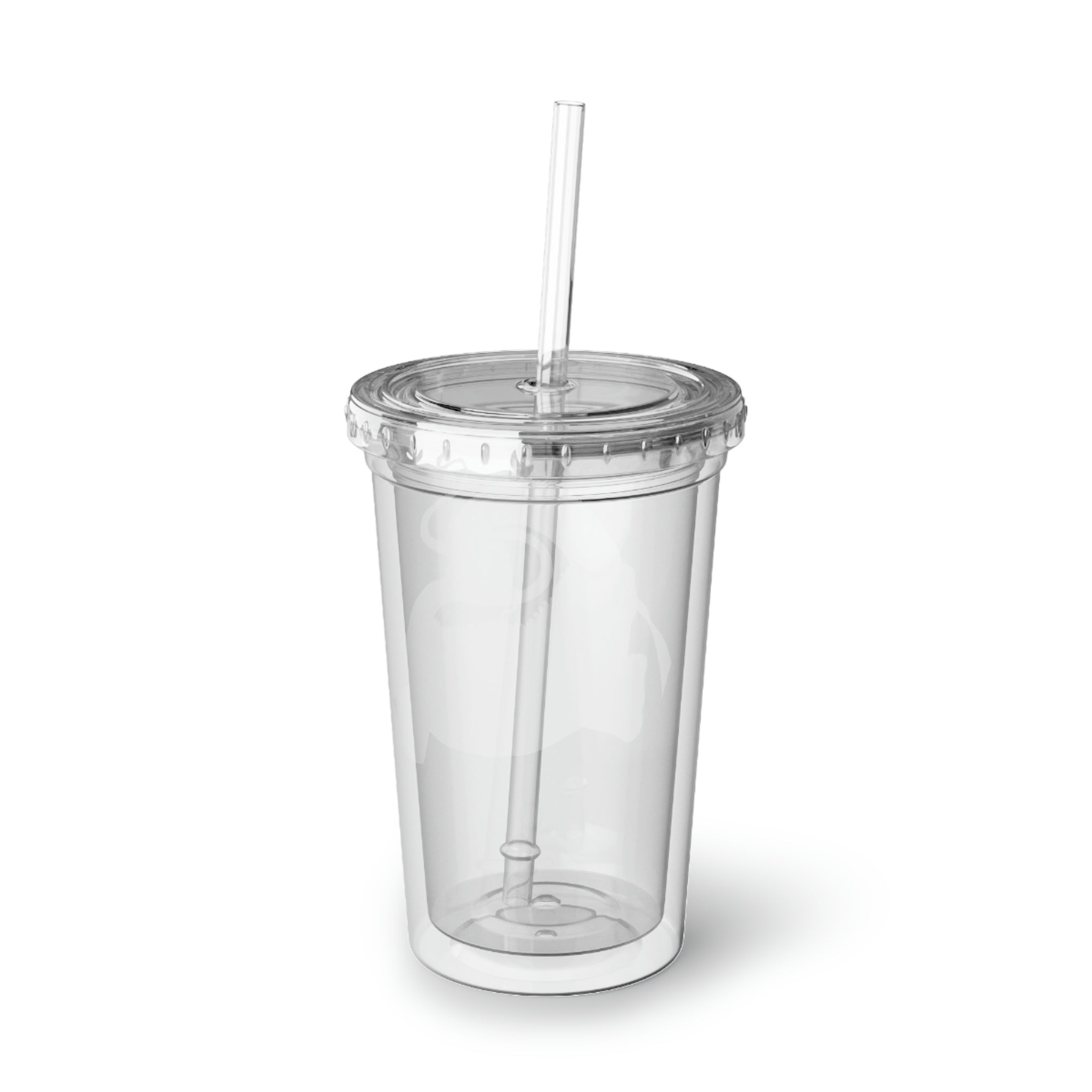Platipus Suave Acrylic Cup in stainless steel with a black cap and plastic straw, showcasing a customizable design.