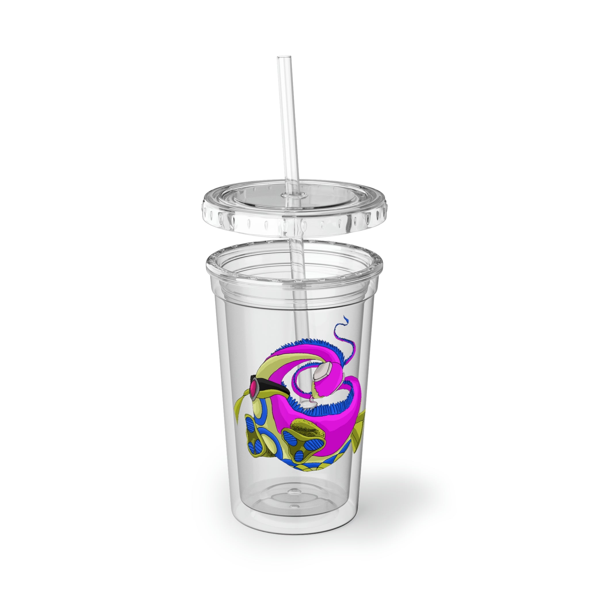 Platipus Suave Acrylic Cup in stainless steel with a black cap and plastic straw, showcasing a customizable design.